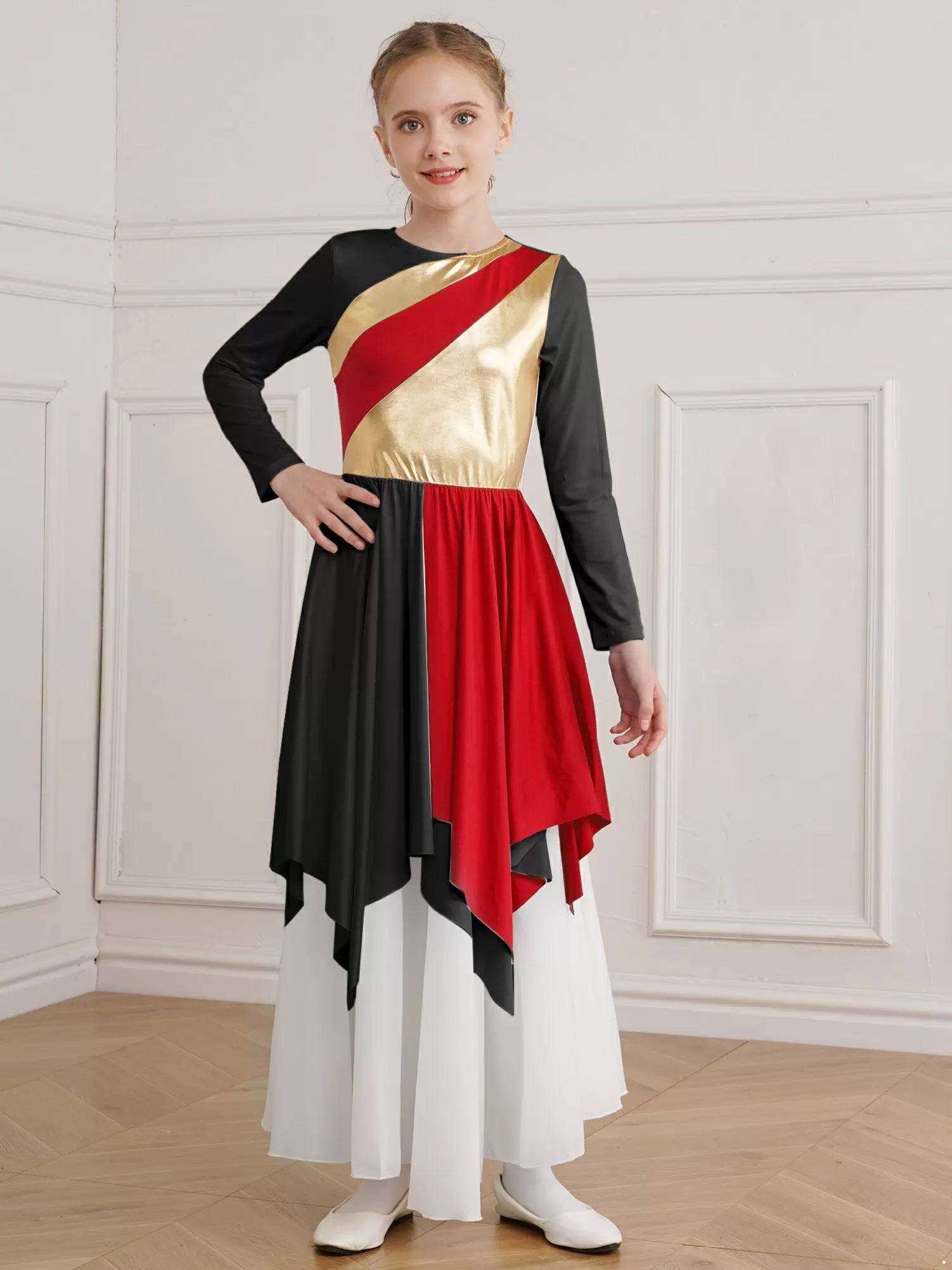 Kids Girls Long Sleeve Praise Dance Dress(petticoat not included)