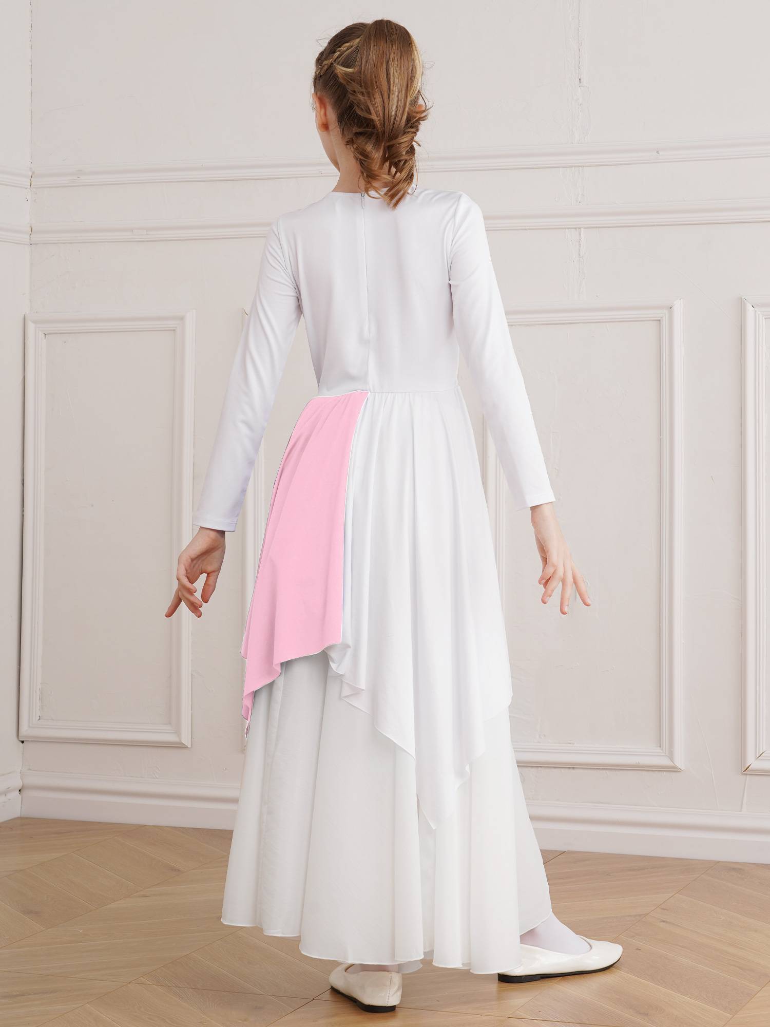 Kids Girls Long Sleeve Praise Dance Dress(petticoat not included)