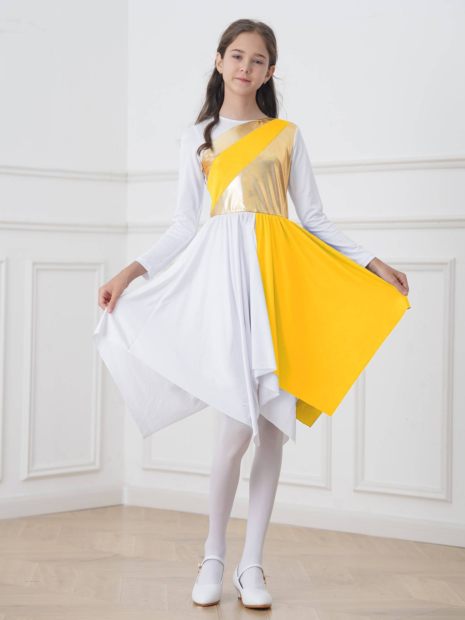 Kids Girls Long Sleeve Praise Dance Dress(petticoat not included)