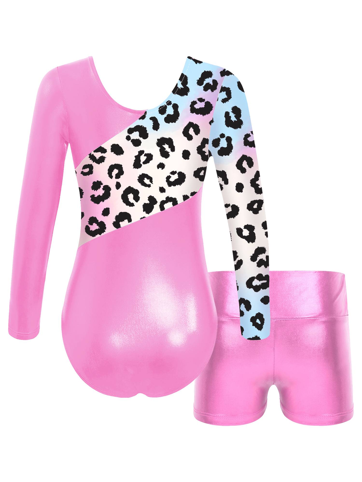 Kids Girls Long Sleeve Printed Patchwork Leotard with Shorts Sport Set