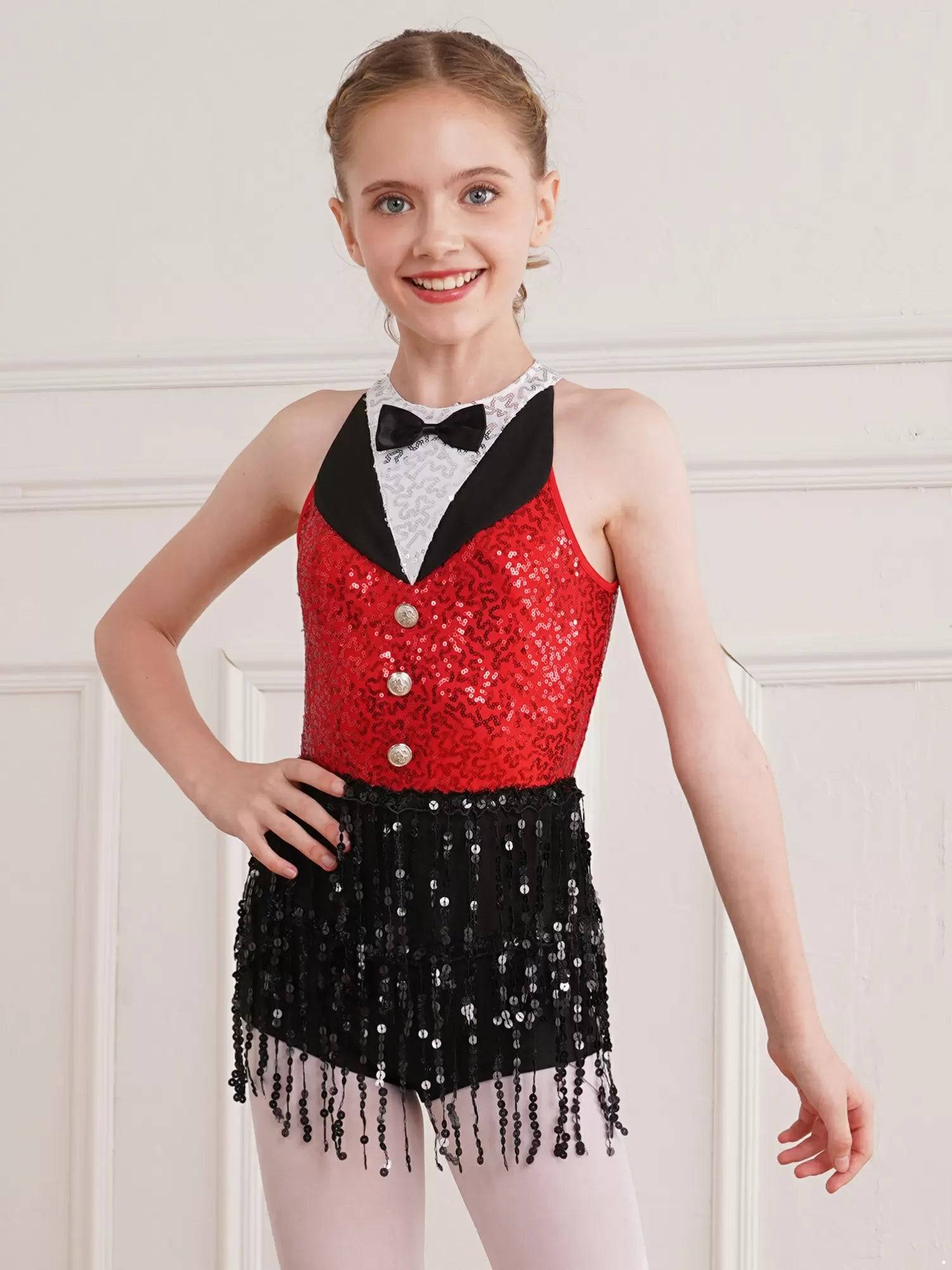 Kids Girls Sleeveless Sequin Tassel One-Piece Jazz Dance Leotard