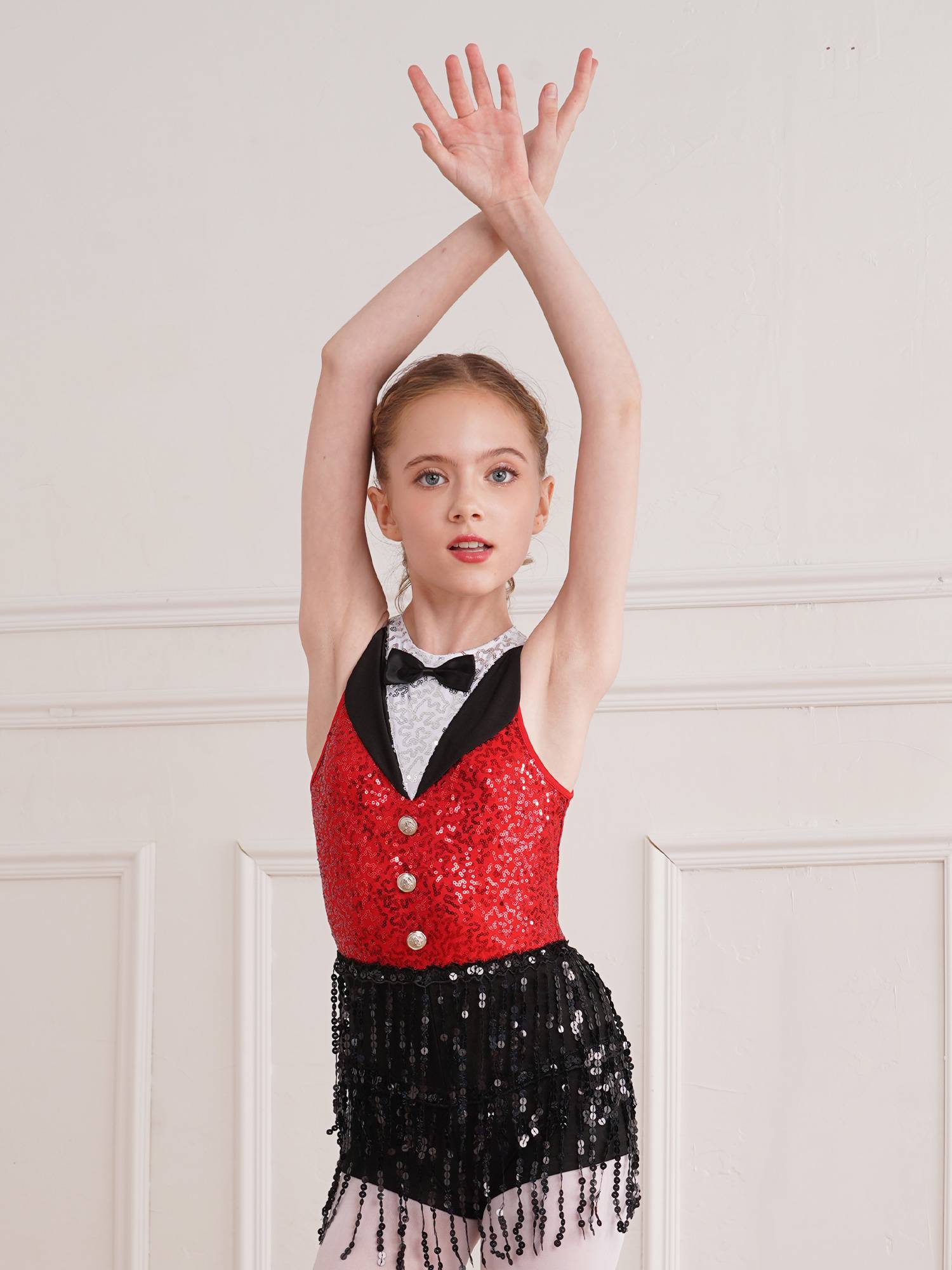 Kids Girls Sleeveless Sequin Tassel One-Piece Jazz Dance Leotard