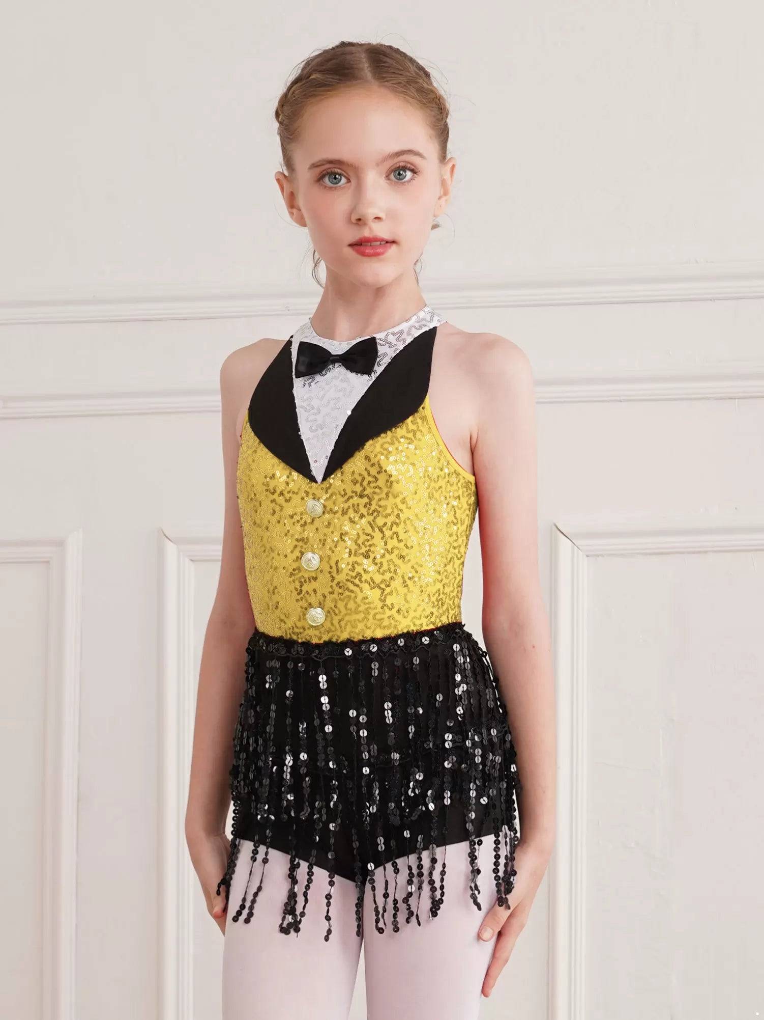 Kids Girls Sleeveless Sequin Tassel One-Piece Jazz Dance Leotard