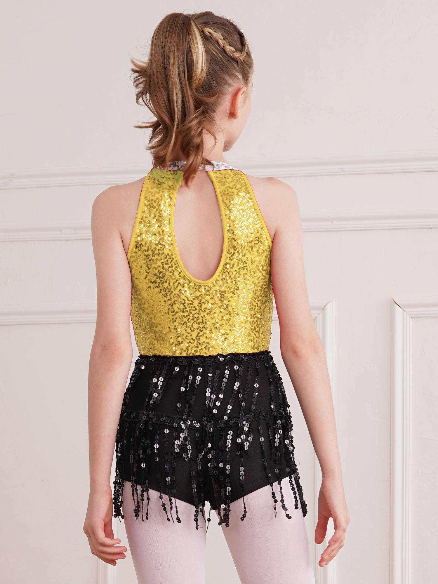 Kids Girls Sleeveless Sequin Tassel One-Piece Jazz Dance Leotard