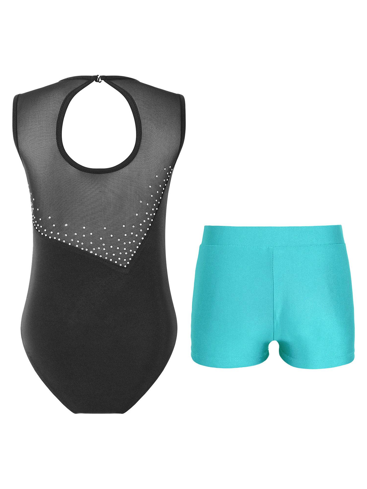 Kids Girls 2pcs Sleeveless Colorblock Leotard and Shorts Gymnastic Set