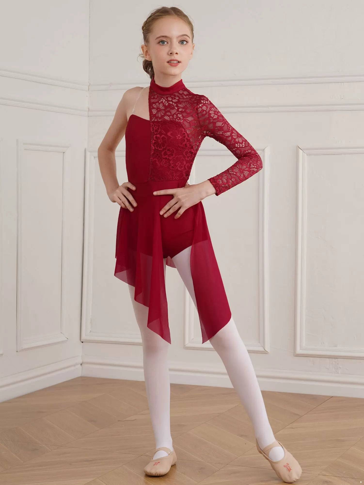 Kids Girls Floral Lace One Shoulder Lyrical Dance Dress