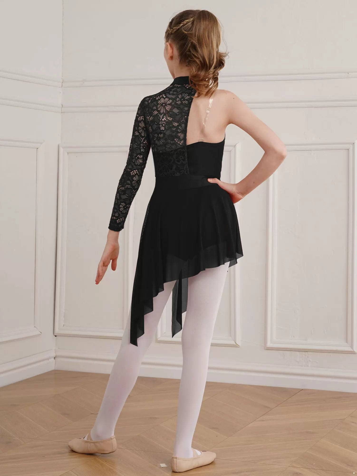 Kids Girls Floral Lace One Shoulder Lyrical Dance Dress