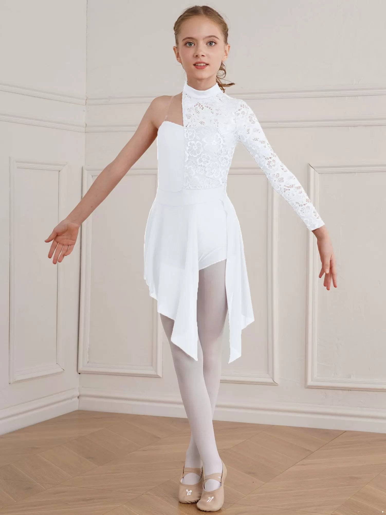 Kids Girls Floral Lace One Shoulder Lyrical Dance Dress
