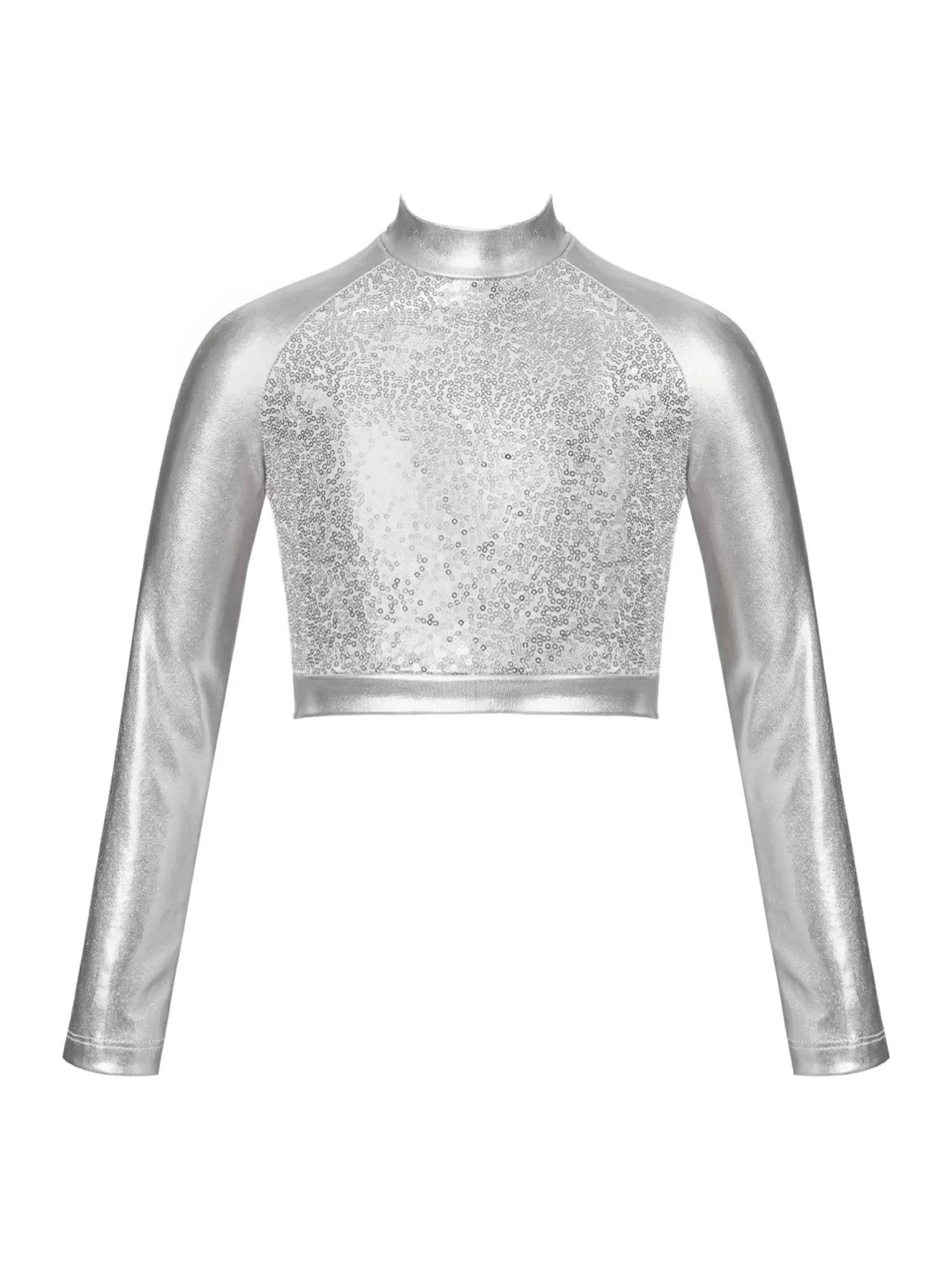 Kids Girls Glossy Metallic Long Sleeve Jazz Crop Top