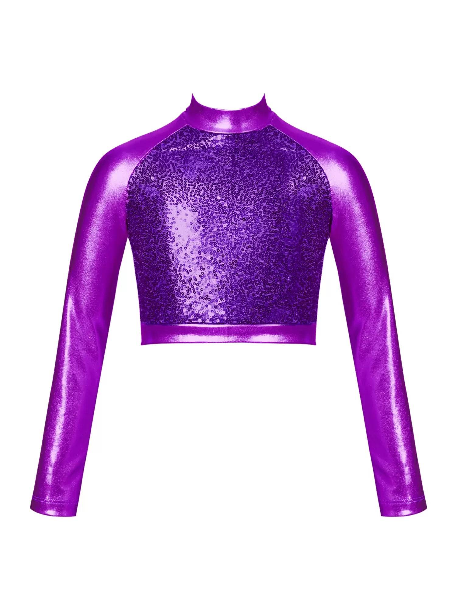 Kids Girls Glossy Metallic Long Sleeve Jazz Crop Top