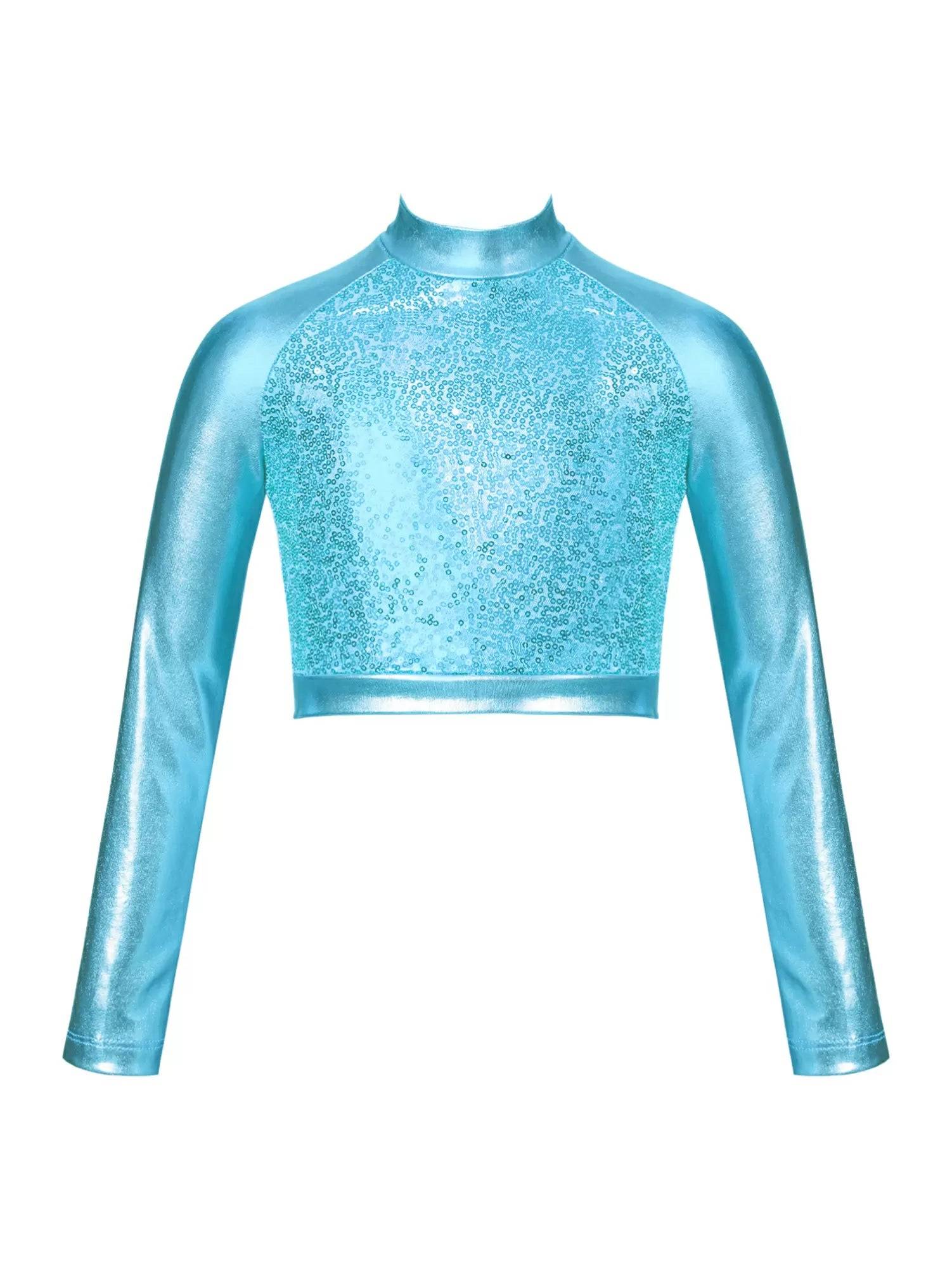 Kids Girls Glossy Metallic Long Sleeve Jazz Crop Top