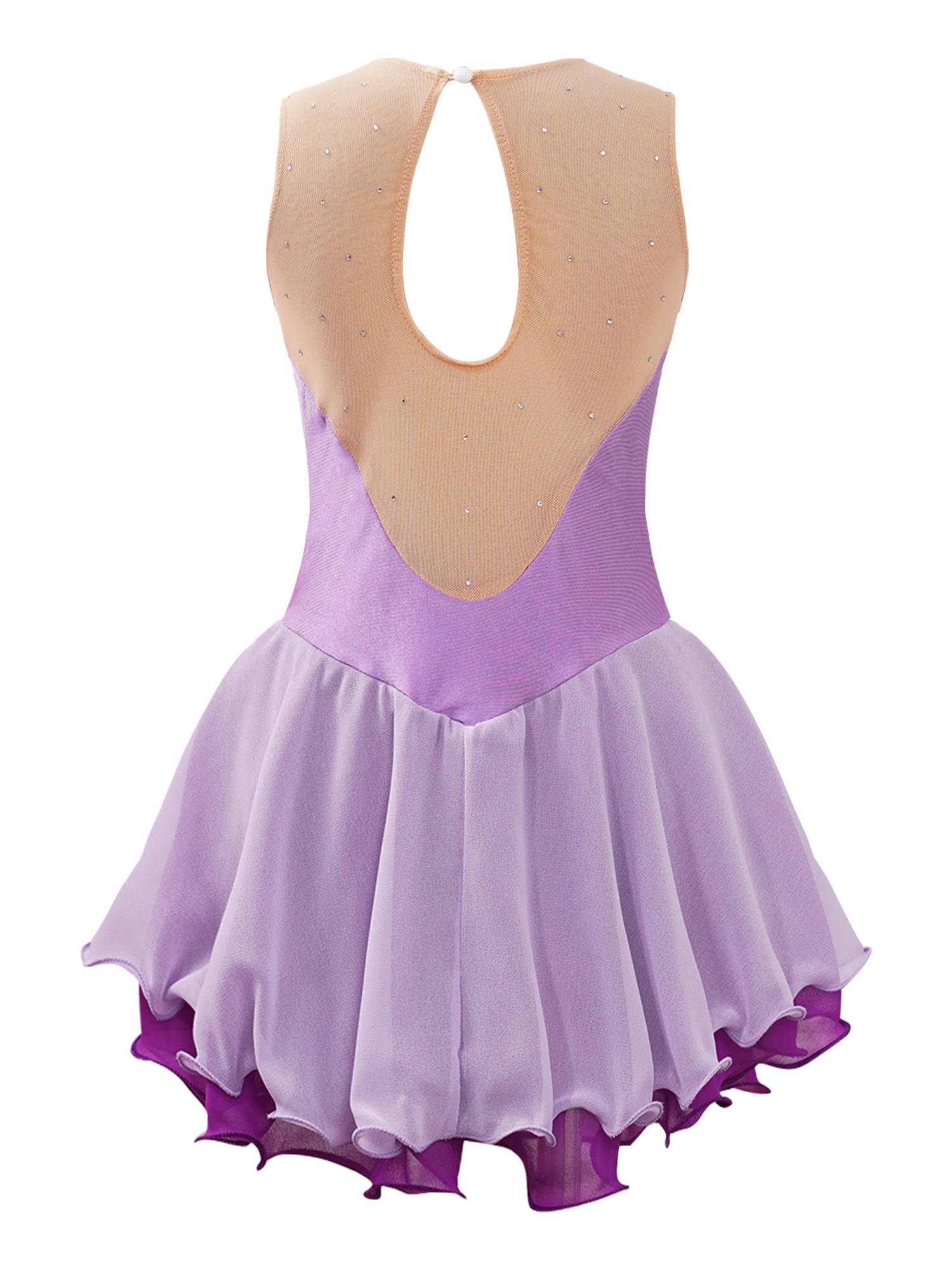 Kids Girls Sleeveless Shiny Rhinestone Ruffle Skating Dance Dress