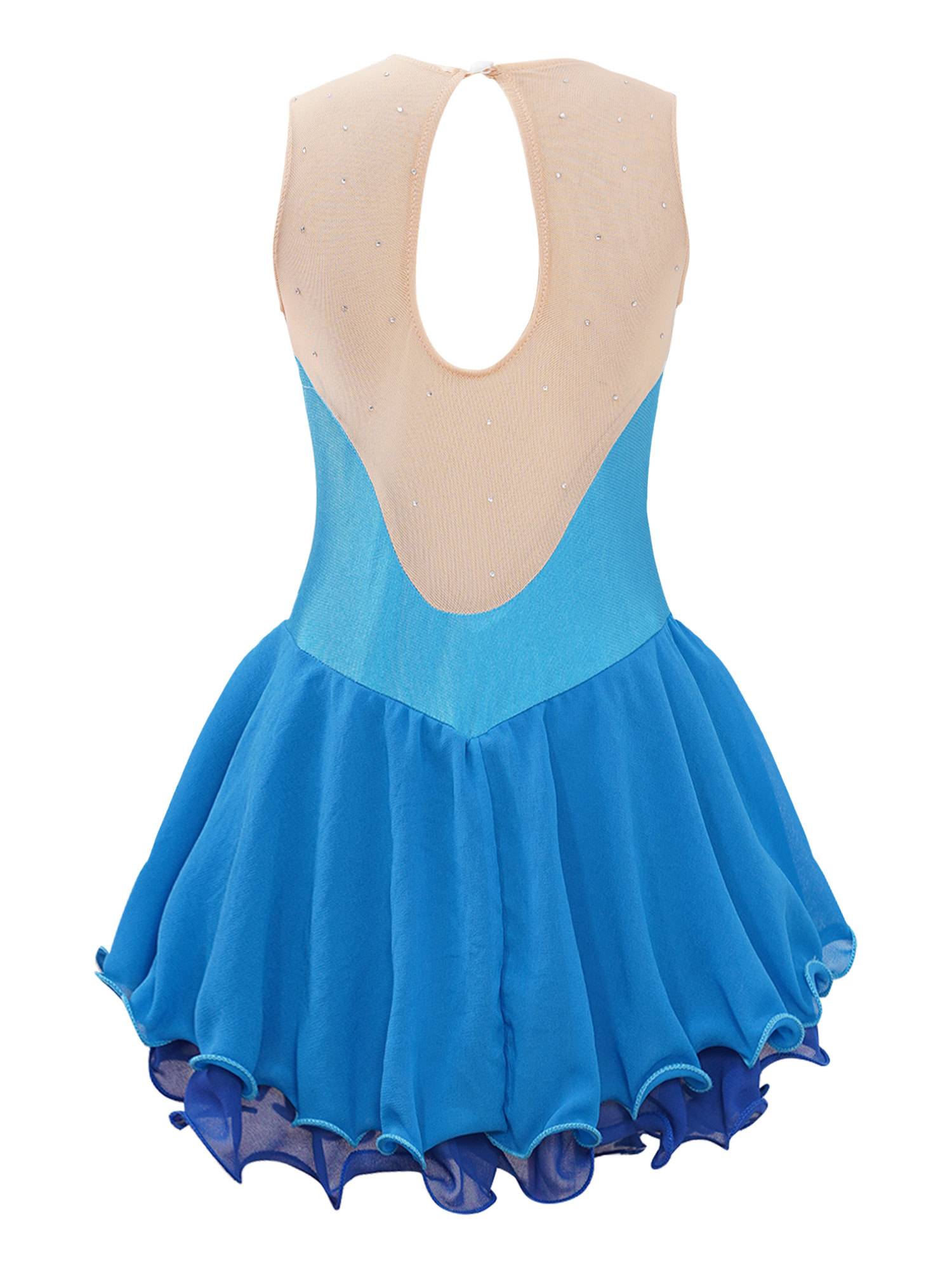 Kids Girls Sleeveless Shiny Rhinestone Ruffle Skating Dance Dress