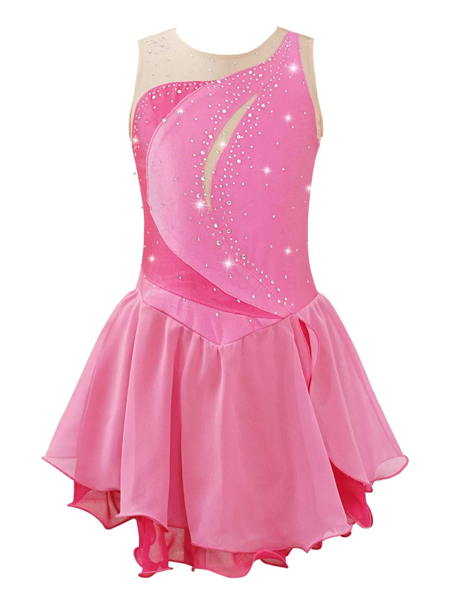 Kids Girls Sleeveless Shiny Rhinestone Ruffle Skating Dance Dress