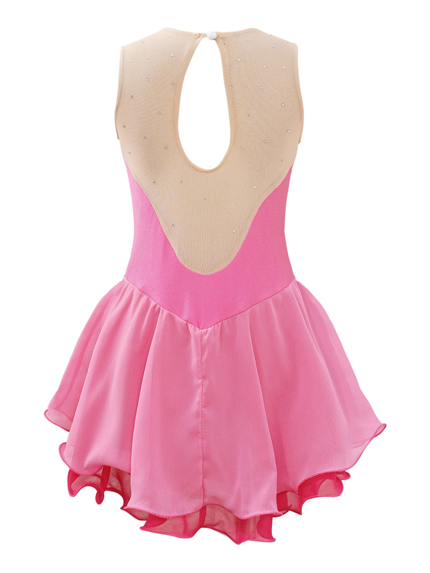 Kids Girls Sleeveless Shiny Rhinestone Ruffle Skating Dance Dress