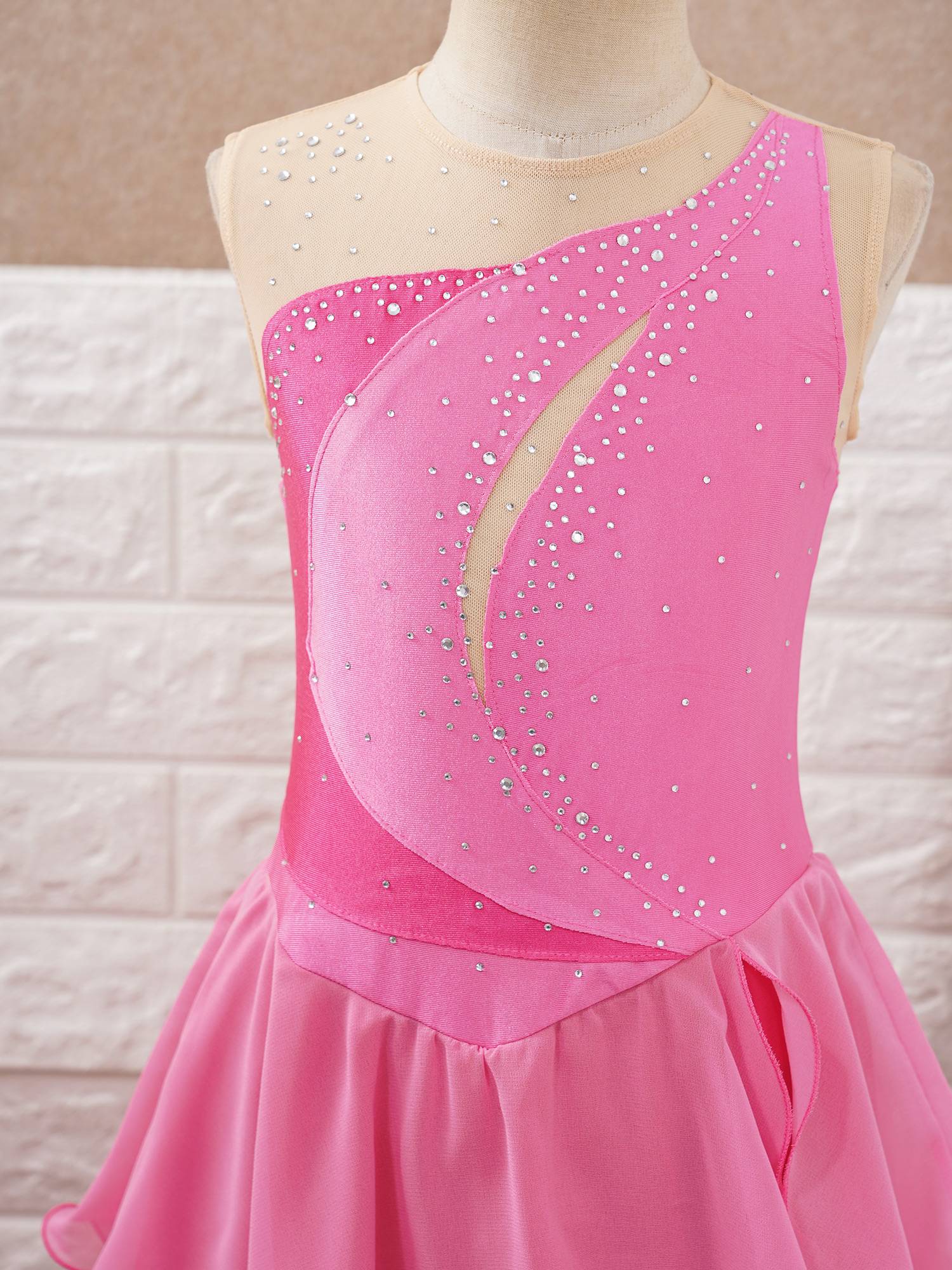 Kids Girls Sleeveless Shiny Rhinestone Ruffle Skating Dance Dress