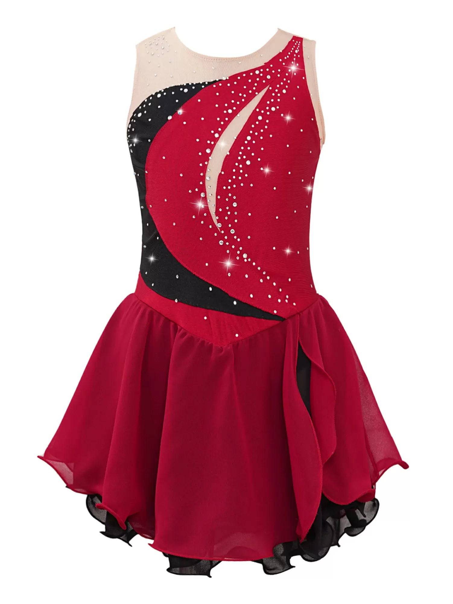 Kids Girls Sleeveless Shiny Rhinestone Ruffle Skating Dance Dress
