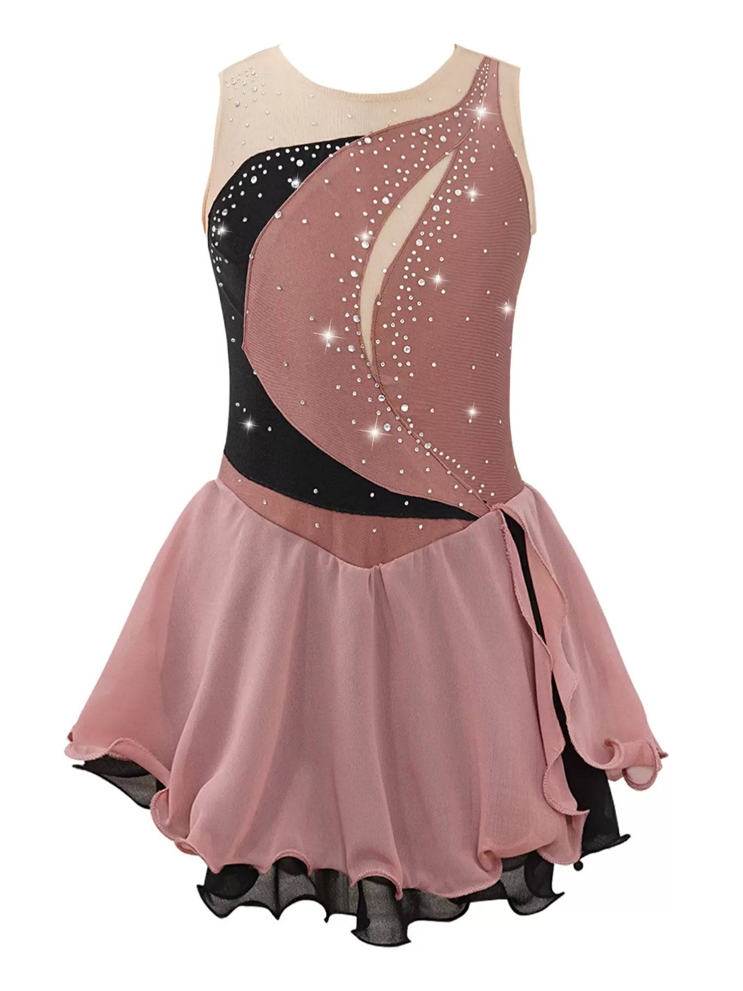 Kids Girls Sleeveless Shiny Rhinestone Ruffle Skating Dance Dress