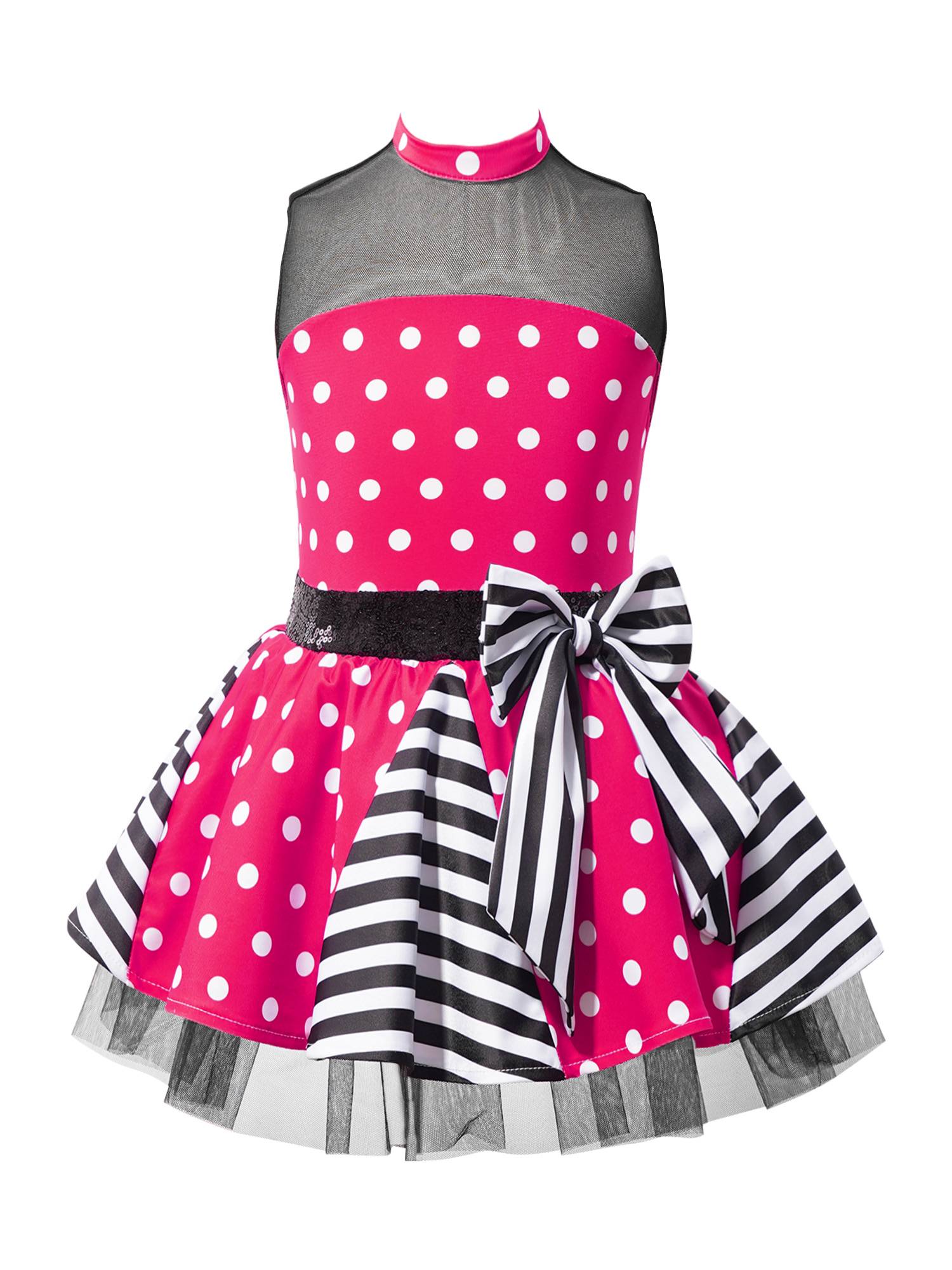 Kids Girls Sleeveless Polka Dots Sequins Bowknot Dance Tutu Dress