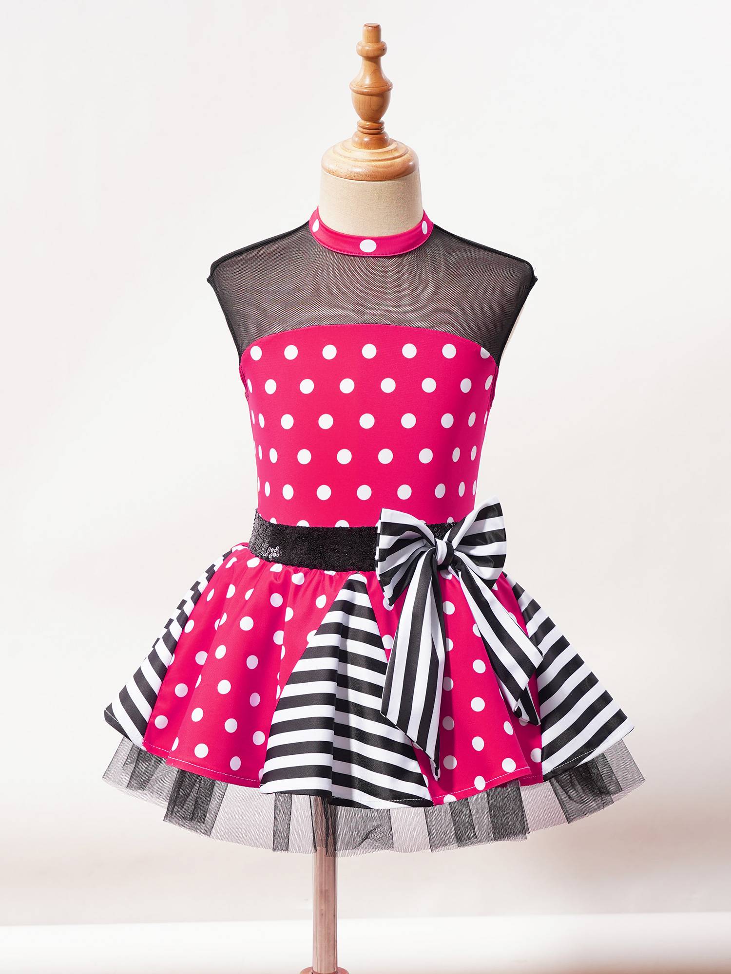 Kids Girls Sleeveless Polka Dots Sequins Bowknot Dance Tutu Dress