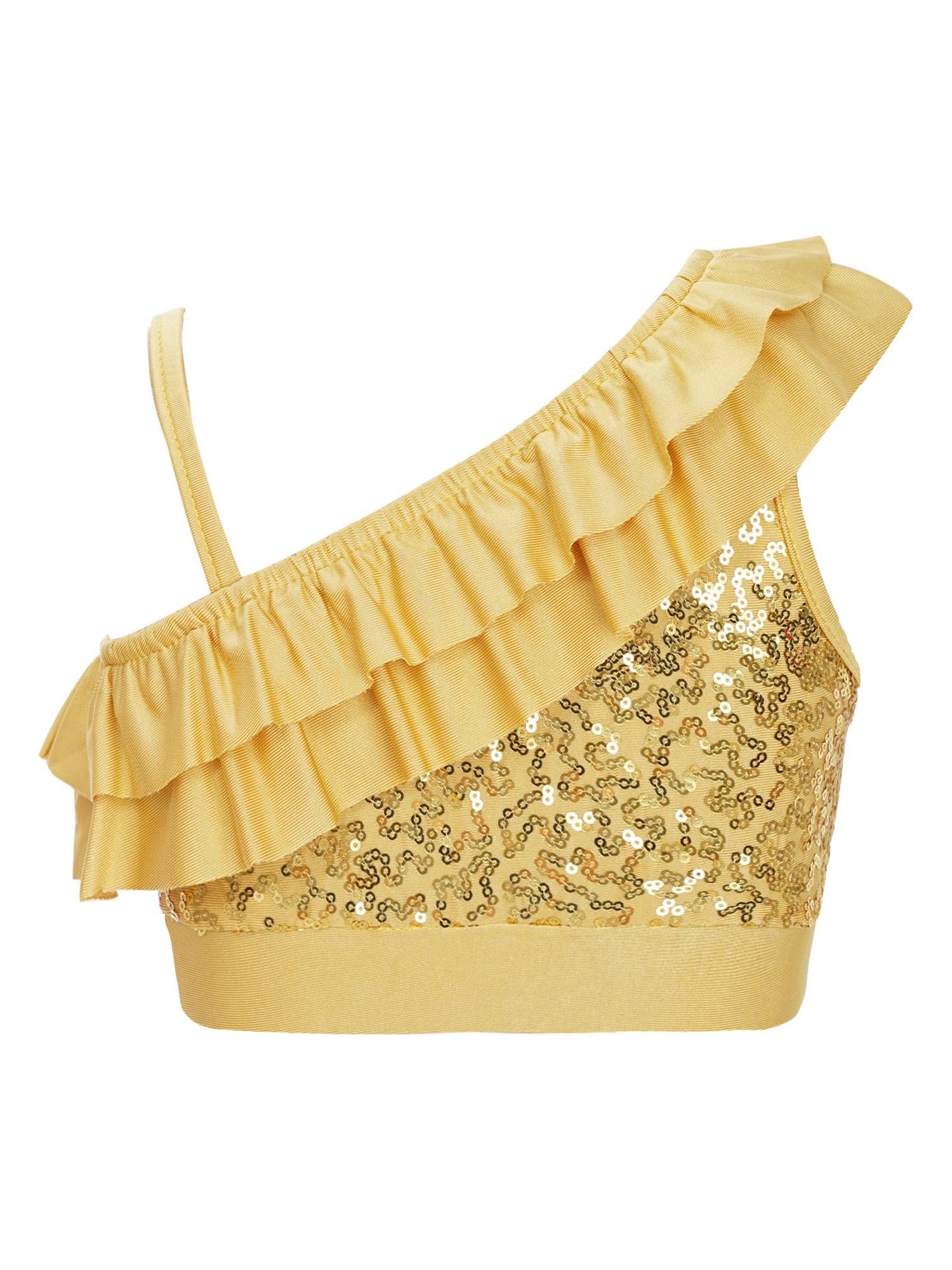 Kids Girls Sleeveless Sequin Ruffle Jazz Dance Crop Top