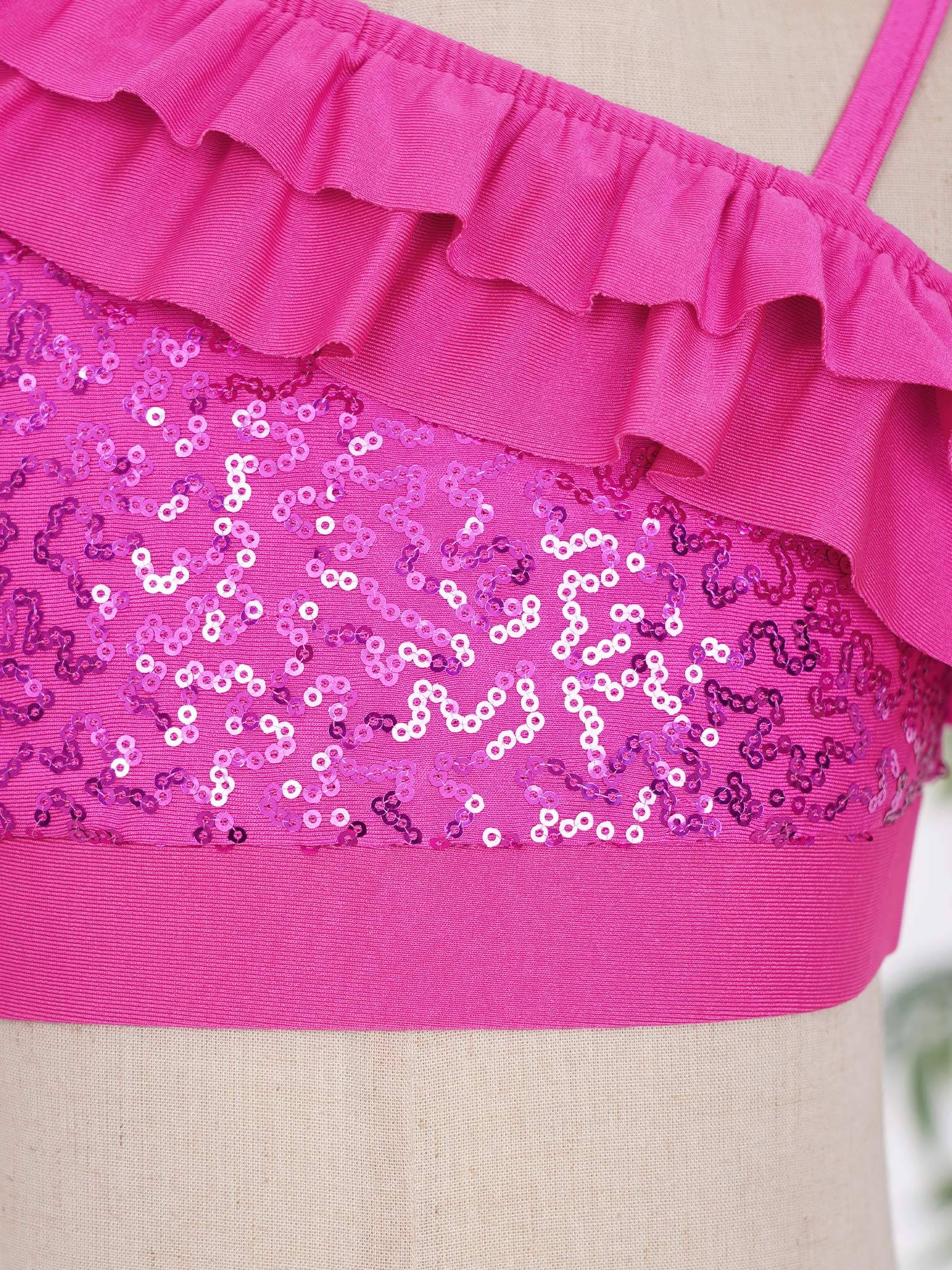 Kids Girls Sleeveless Sequin Ruffle Jazz Dance Crop Top