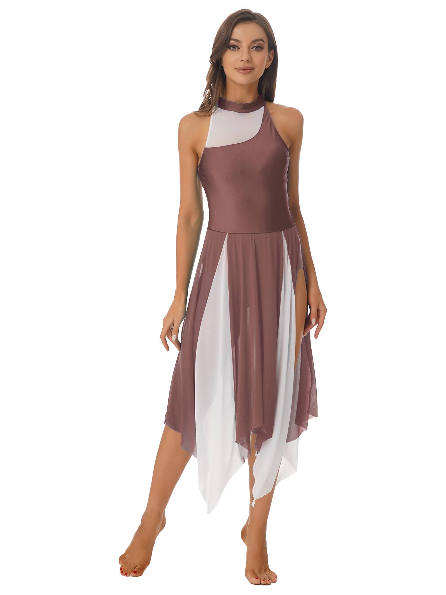 Women Sleeveless Color Block Halter Neck Lyrical Dance Dresses
