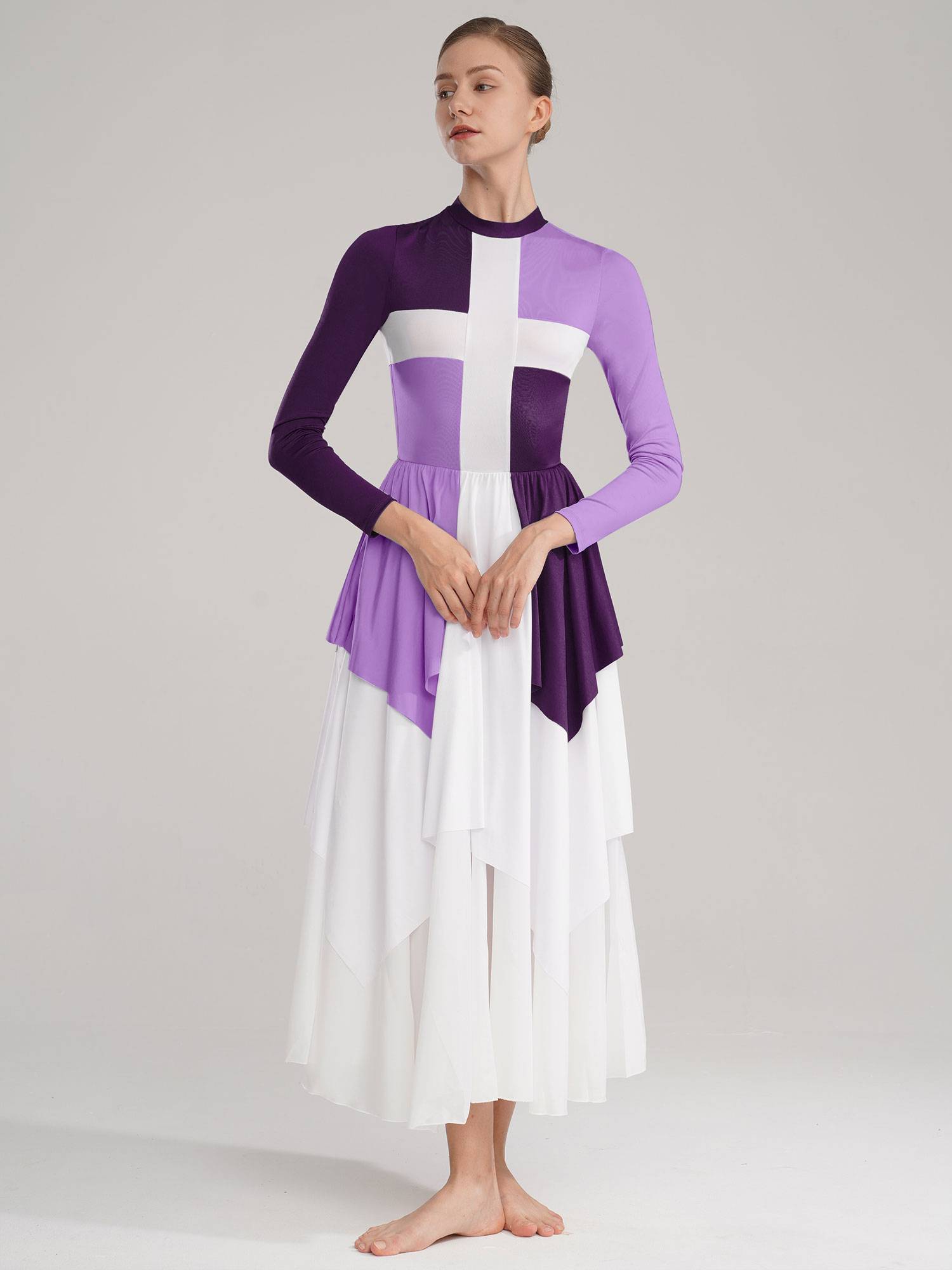Women Long Sleeves Color Block Liturgical Praise Dance Dress