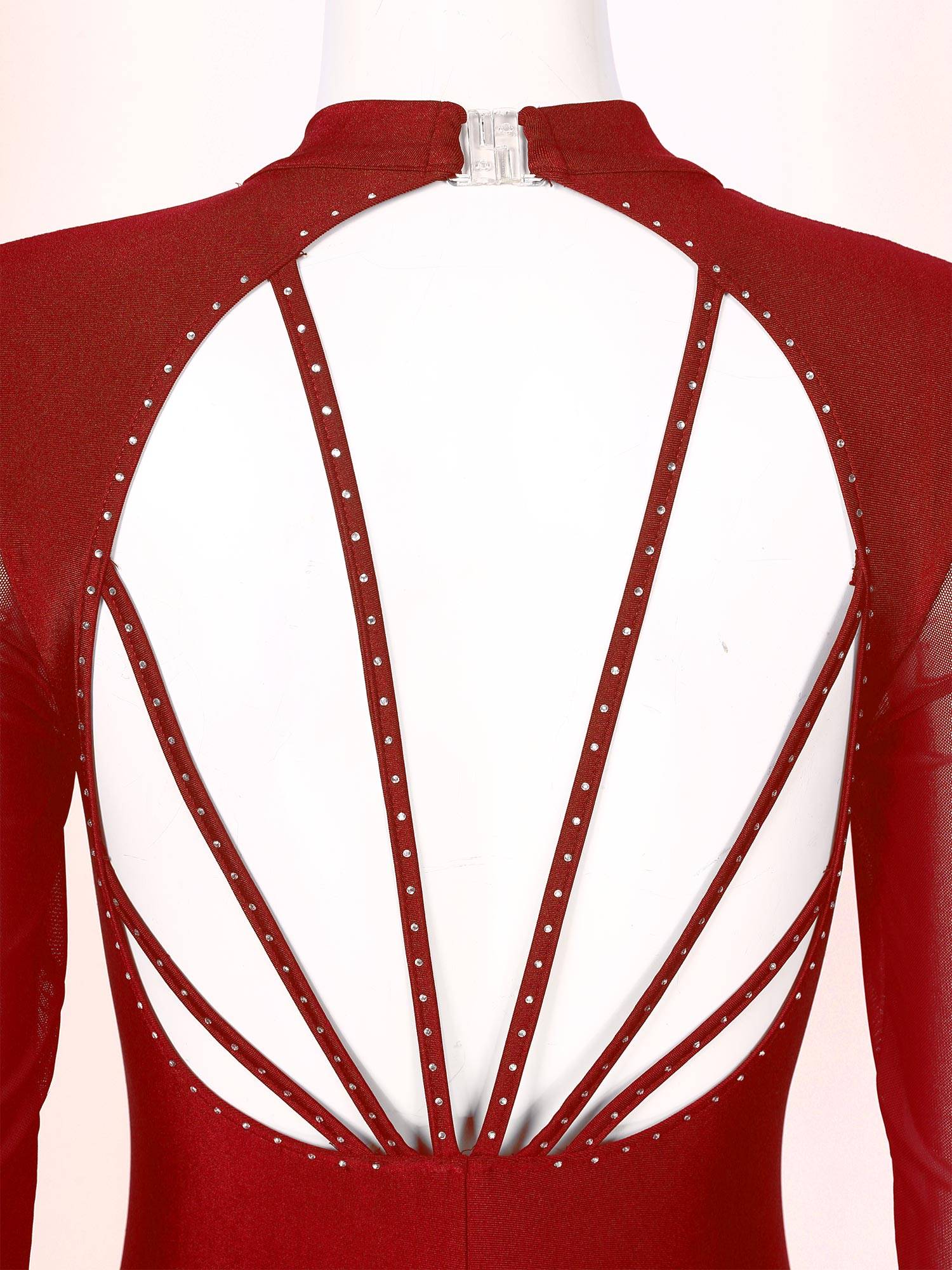 Women Long Sleeve Glittery Rhinestone Hollow Back Gymnastics Unitard