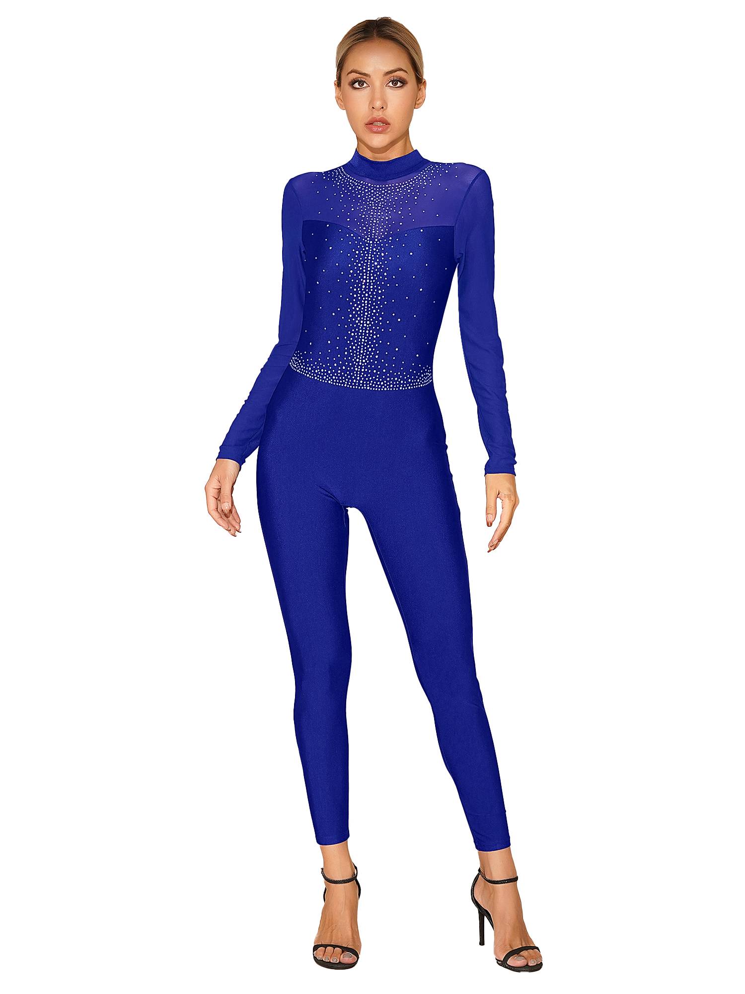 Women Long Sleeve Glittery Rhinestone Hollow Back Gymnastics Unitard