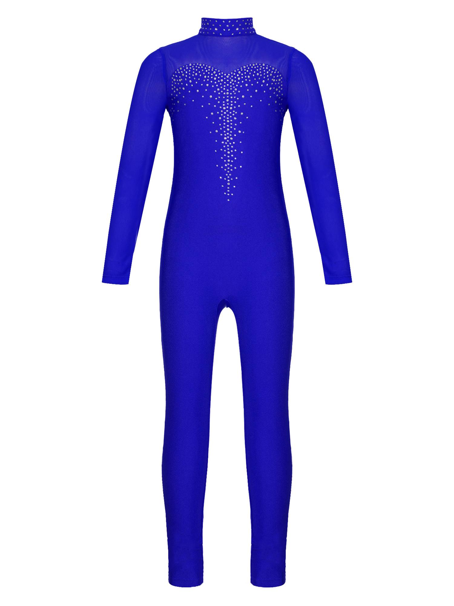 Kids Girls Long Sleeve Shiny Rhinestone Gymnastics Unitard