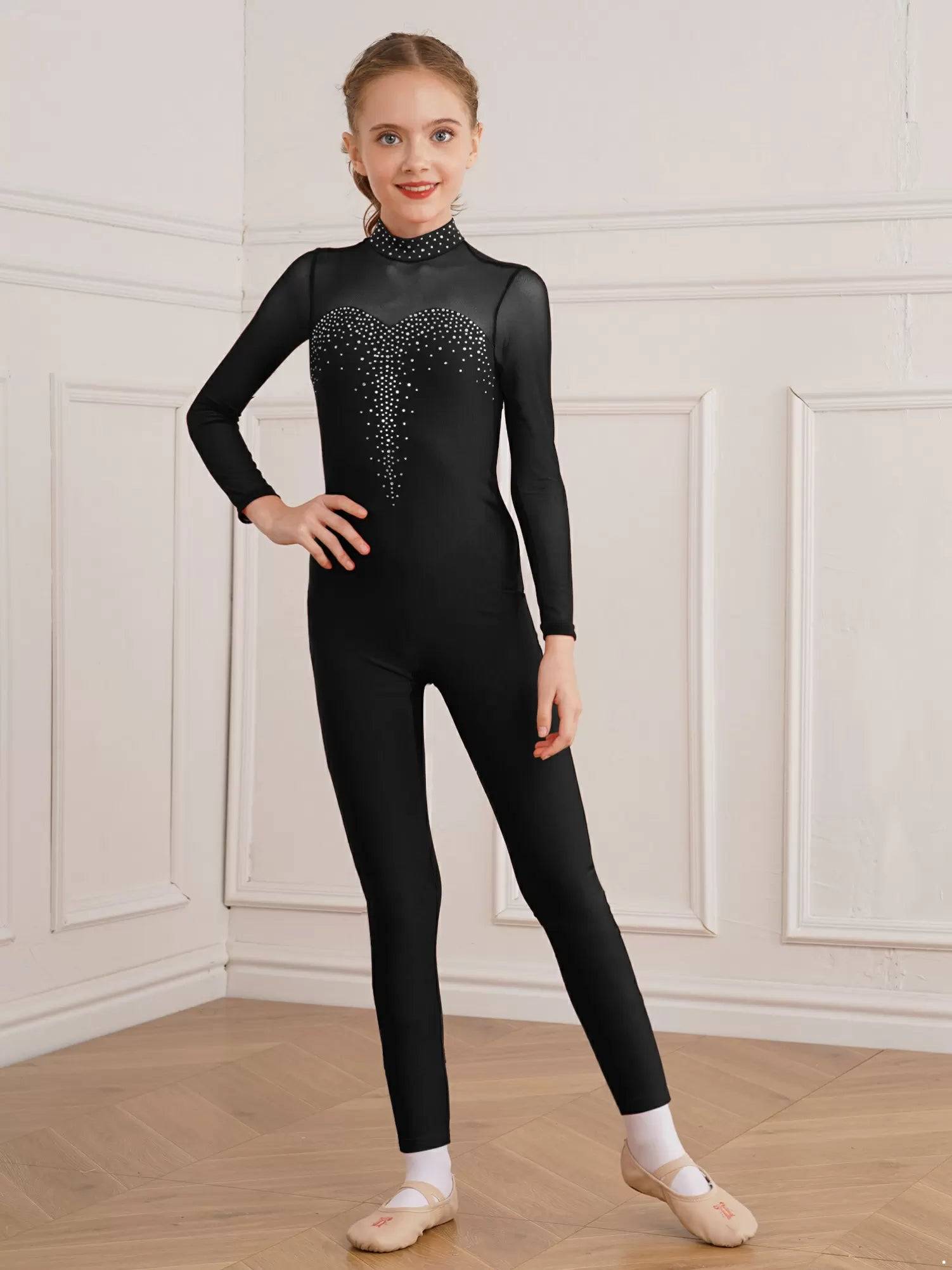 Kids Girls Long Sleeve Shiny Rhinestone Gymnastics Unitard