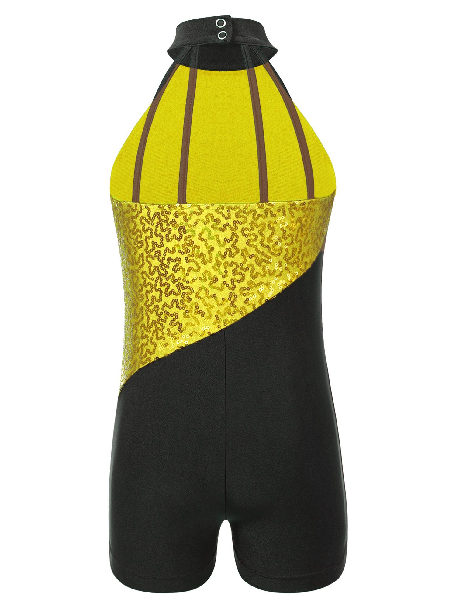 Kids Girls Sequins Sleeveless Colorblock Rhythmic Gymnastics Leotard