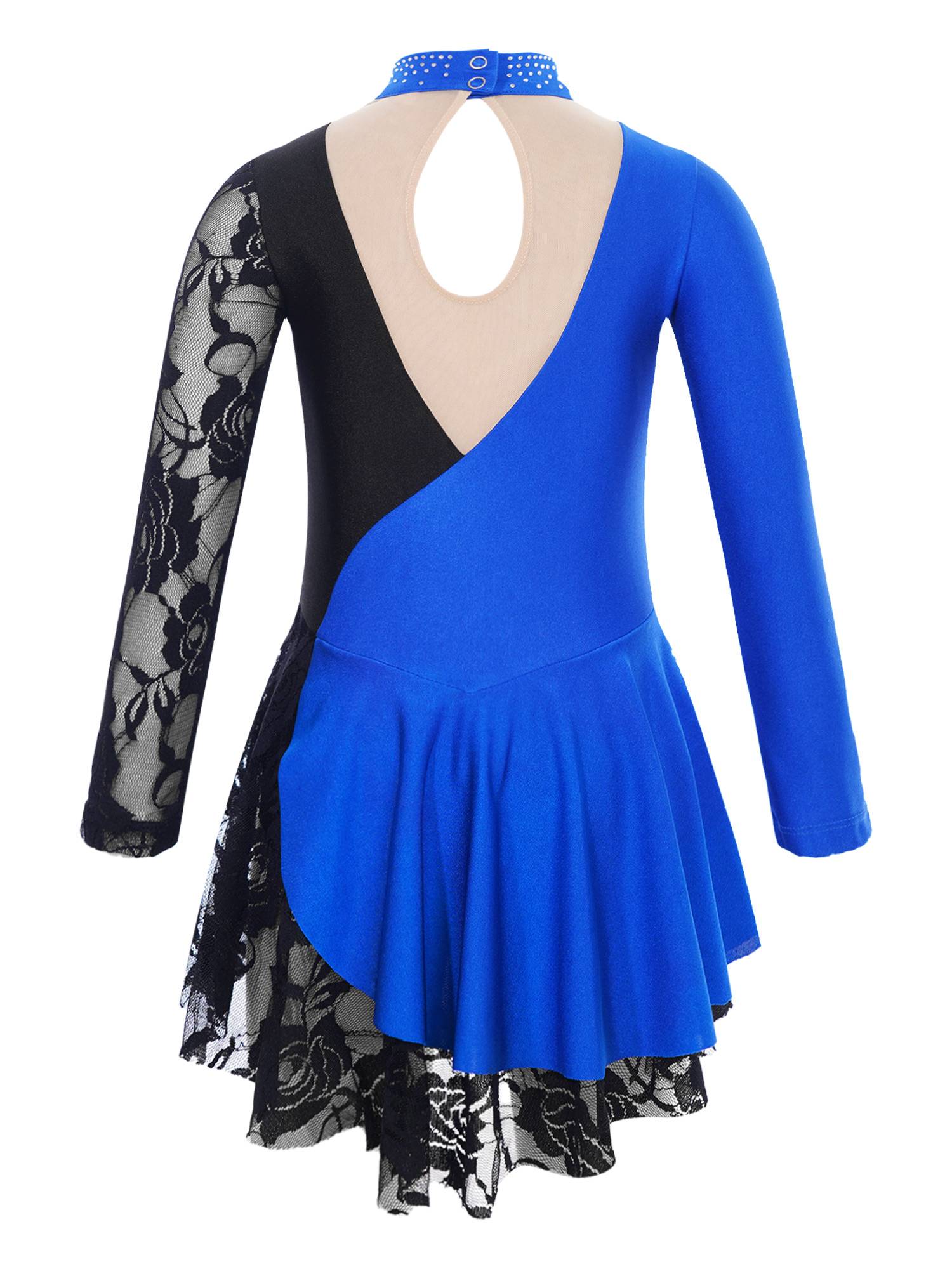 Kids Girls Color Block Long Sleeve Rhinestones Lace Figure Skating Dress