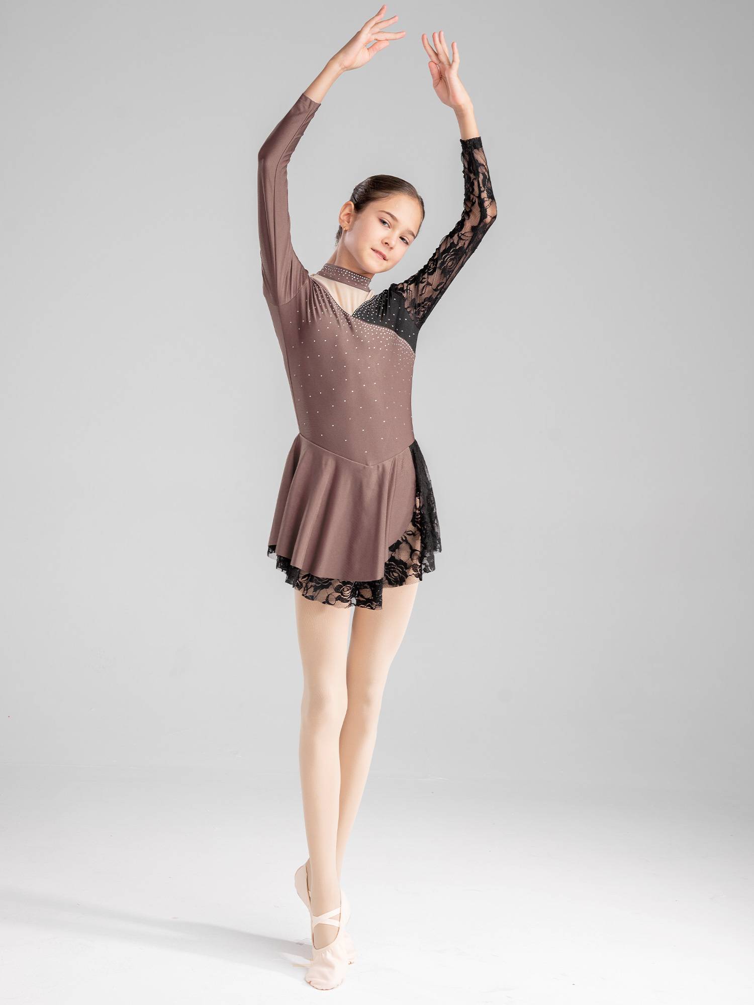 Kids Girls Color Block Long Sleeve Rhinestones Lace Figure Skating Dress