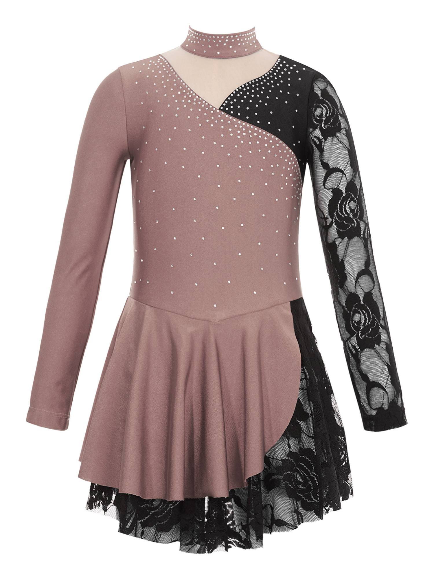 Kids Girls Color Block Long Sleeve Rhinestones Lace Figure Skating Dress