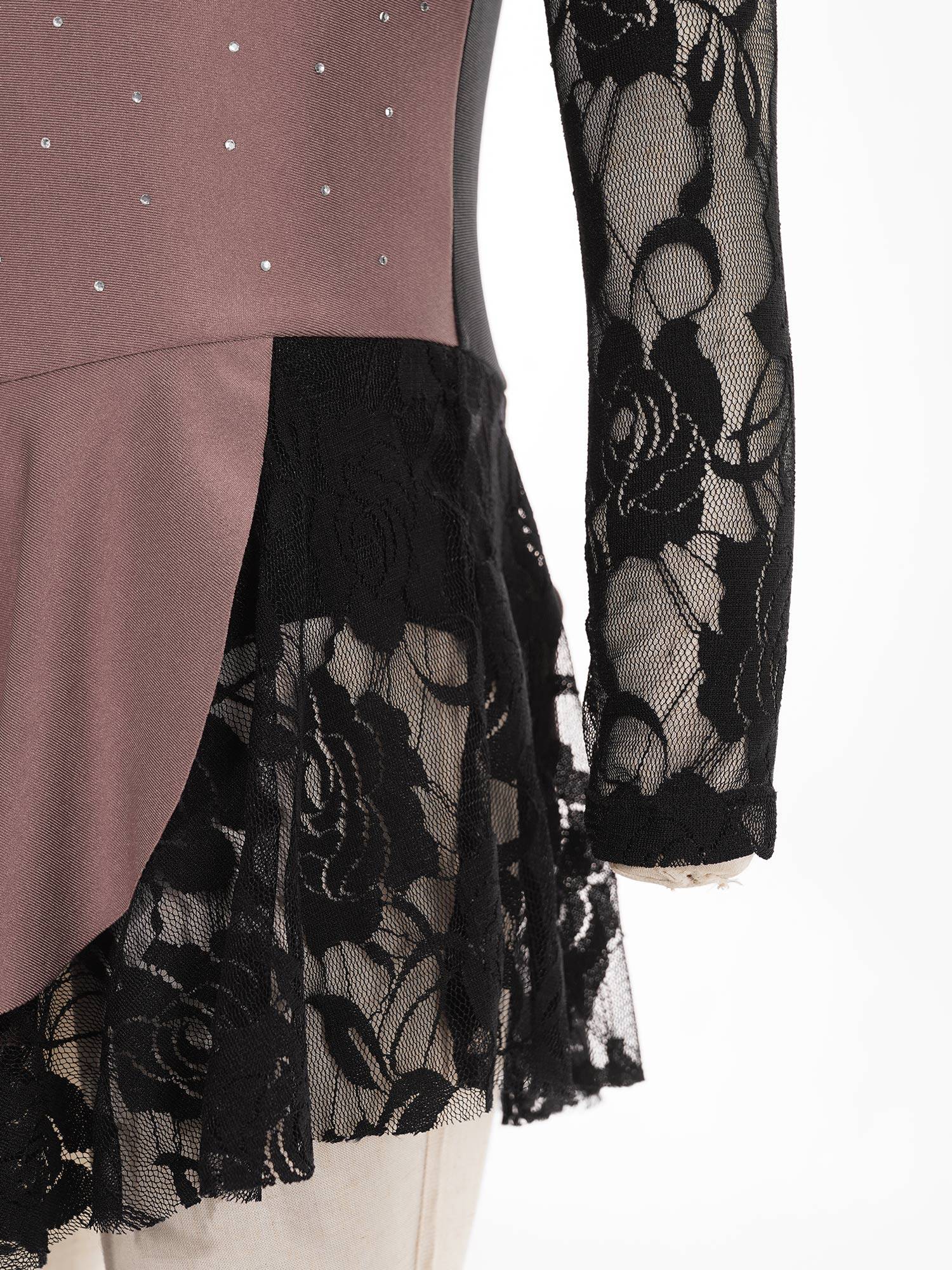 Kids Girls Color Block Long Sleeve Rhinestones Lace Figure Skating Dress