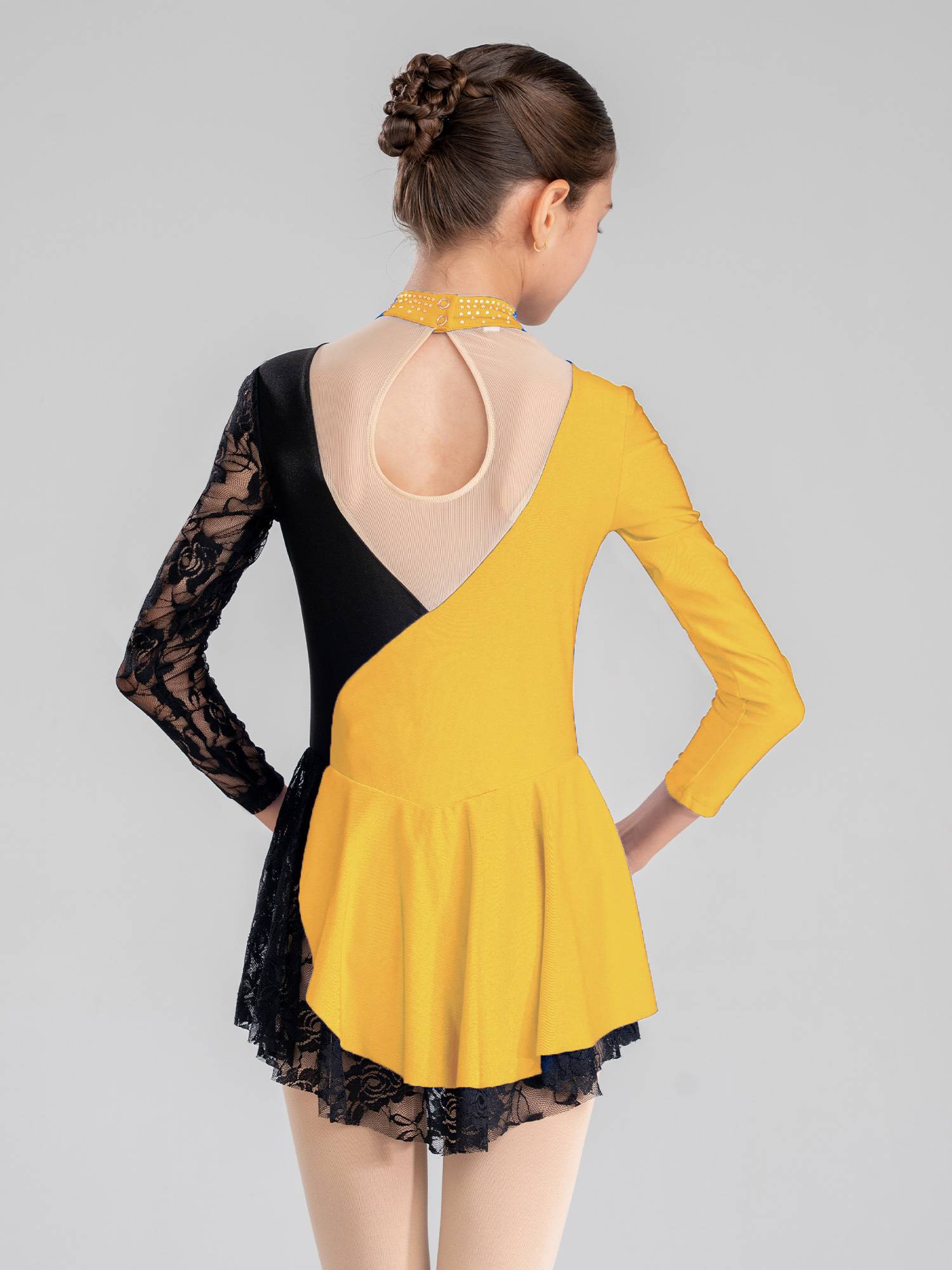 Kids Girls Color Block Long Sleeve Rhinestones Lace Figure Skating Dress