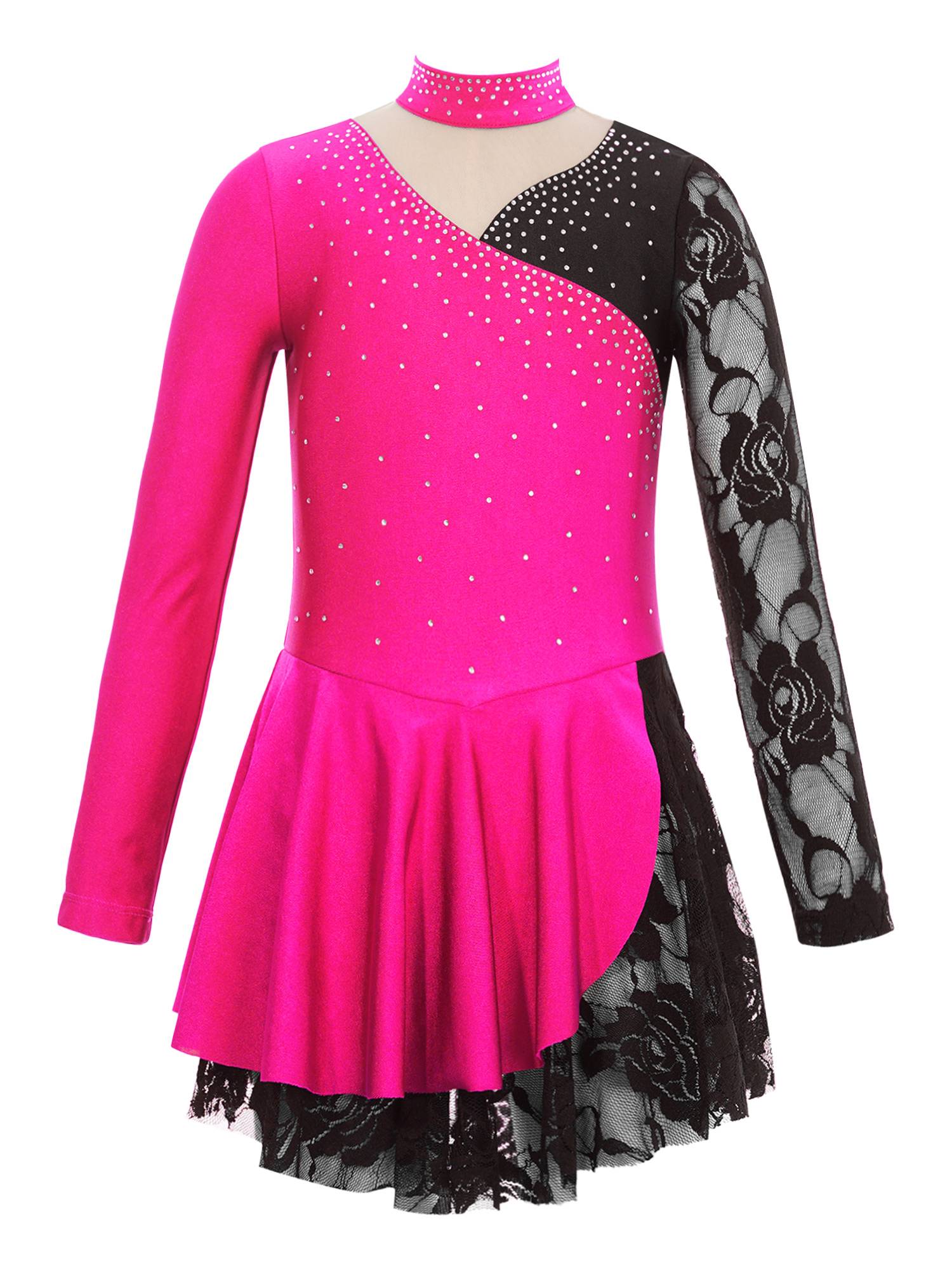 Kids Girls Color Block Long Sleeve Rhinestones Lace Figure Skating Dress