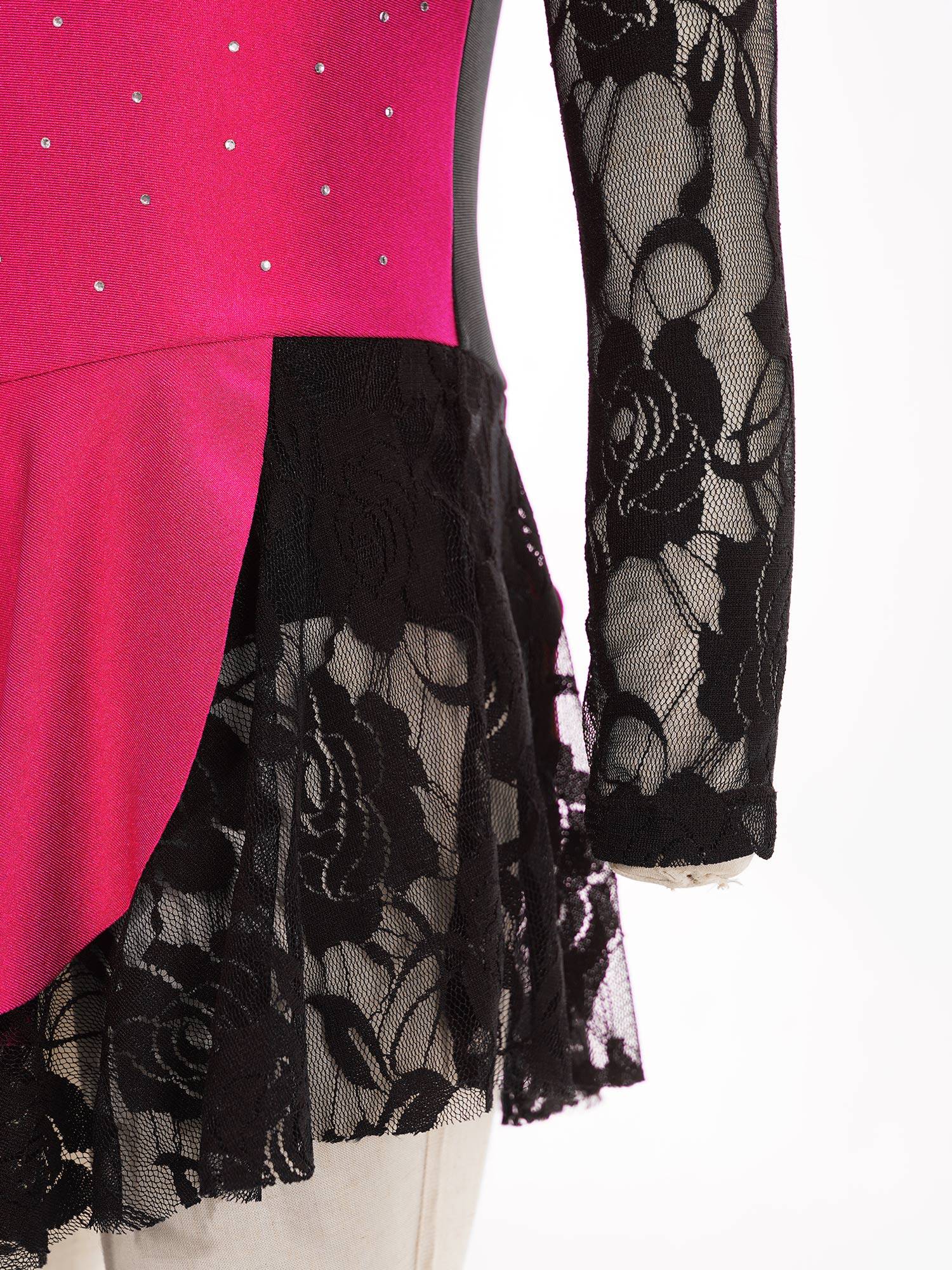 Kids Girls Color Block Long Sleeve Rhinestones Lace Figure Skating Dress