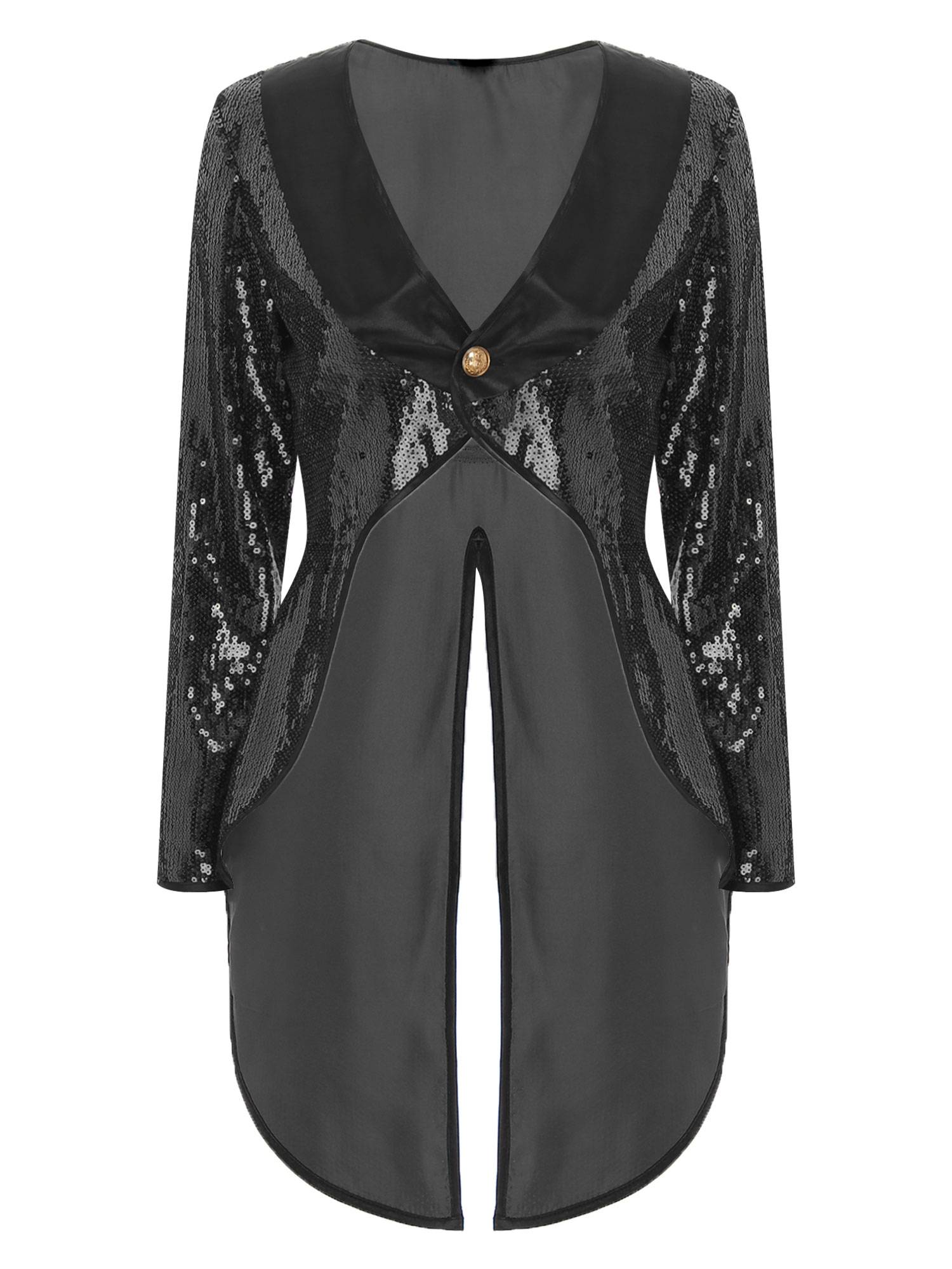 Women Sparkle Sequin One-Button Halloween Magician Tailcoat Jacket