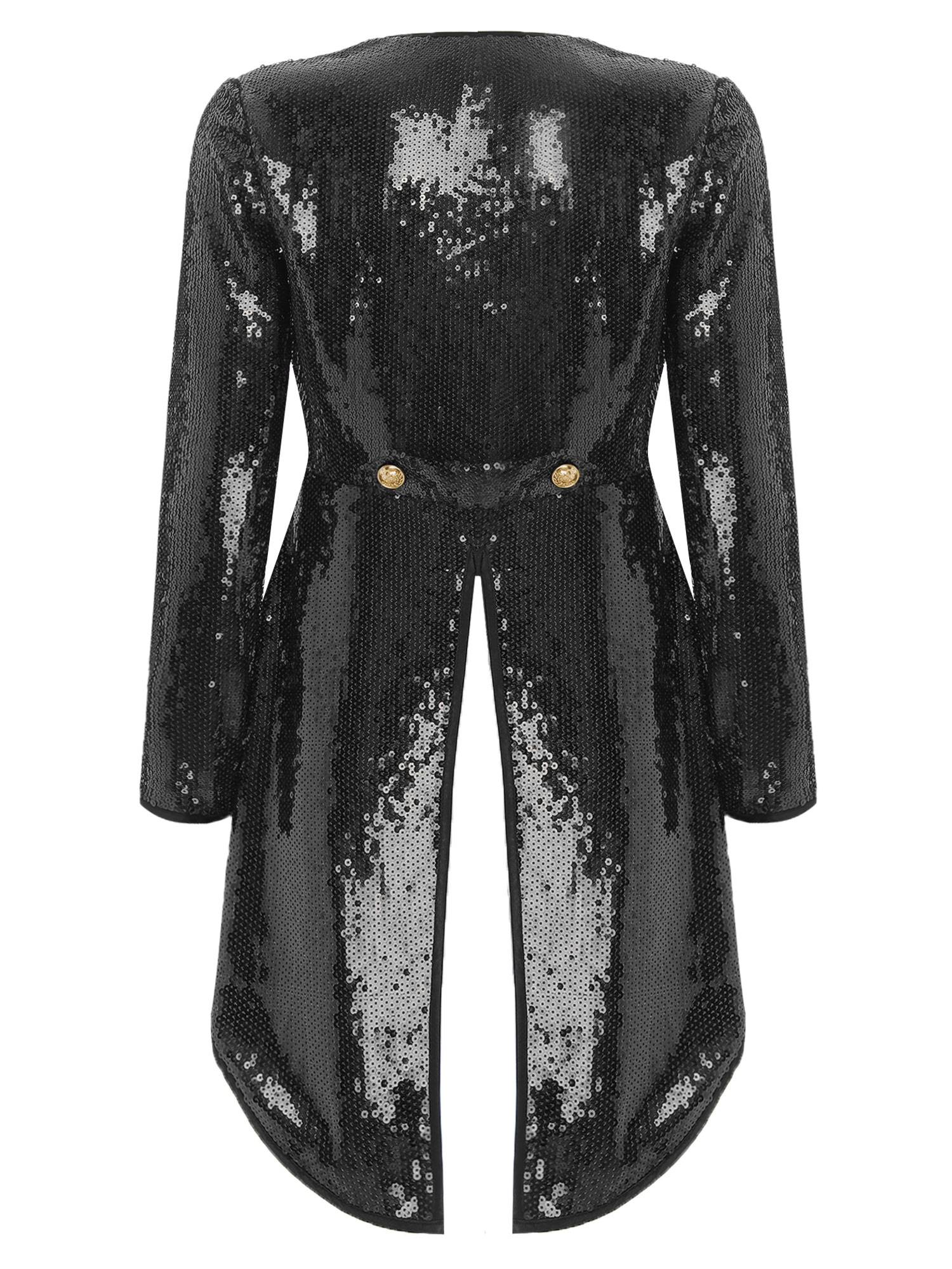 Women Sparkle Sequin One-Button Halloween Magician Tailcoat Jacket