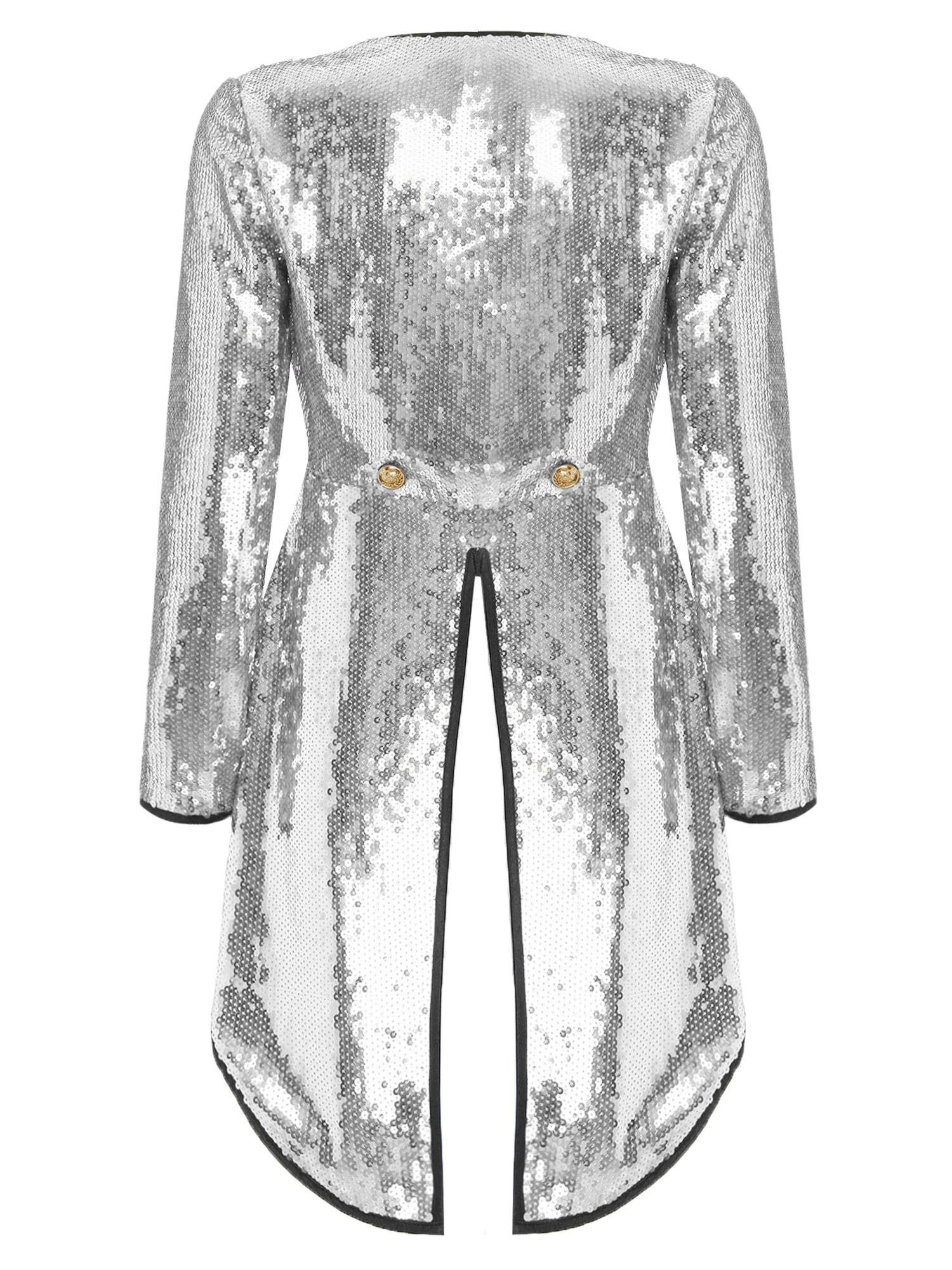 Women Sparkle Sequin One-Button Halloween Magician Tailcoat Jacket