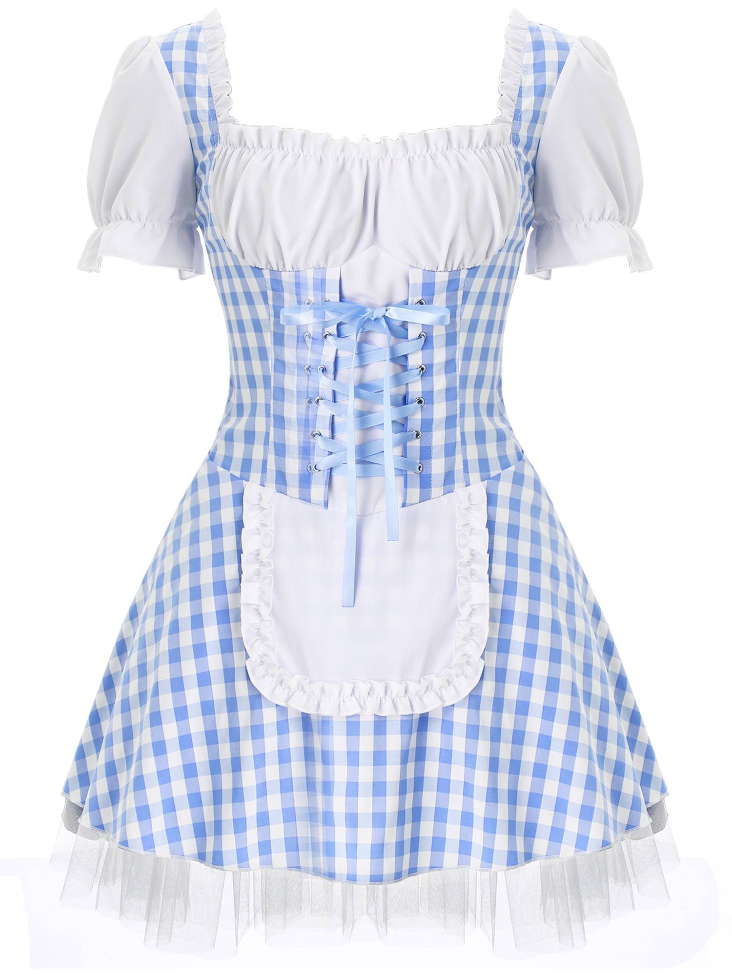 Women Halloween Miss Muffet Lace-Up Ruffle Apron Plaid Maid Dress