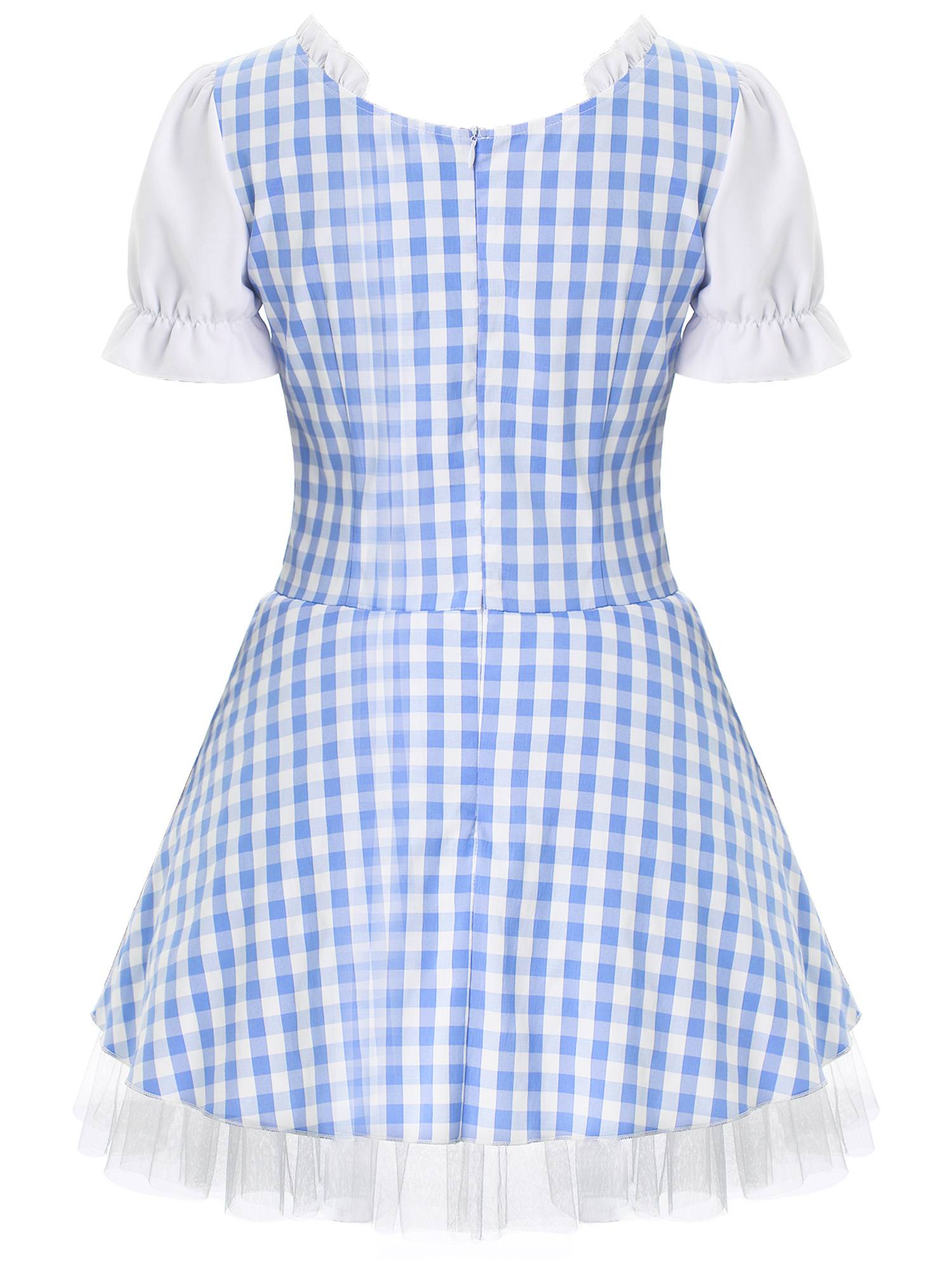 Women Halloween Miss Muffet Lace-Up Ruffle Apron Plaid Maid Dress