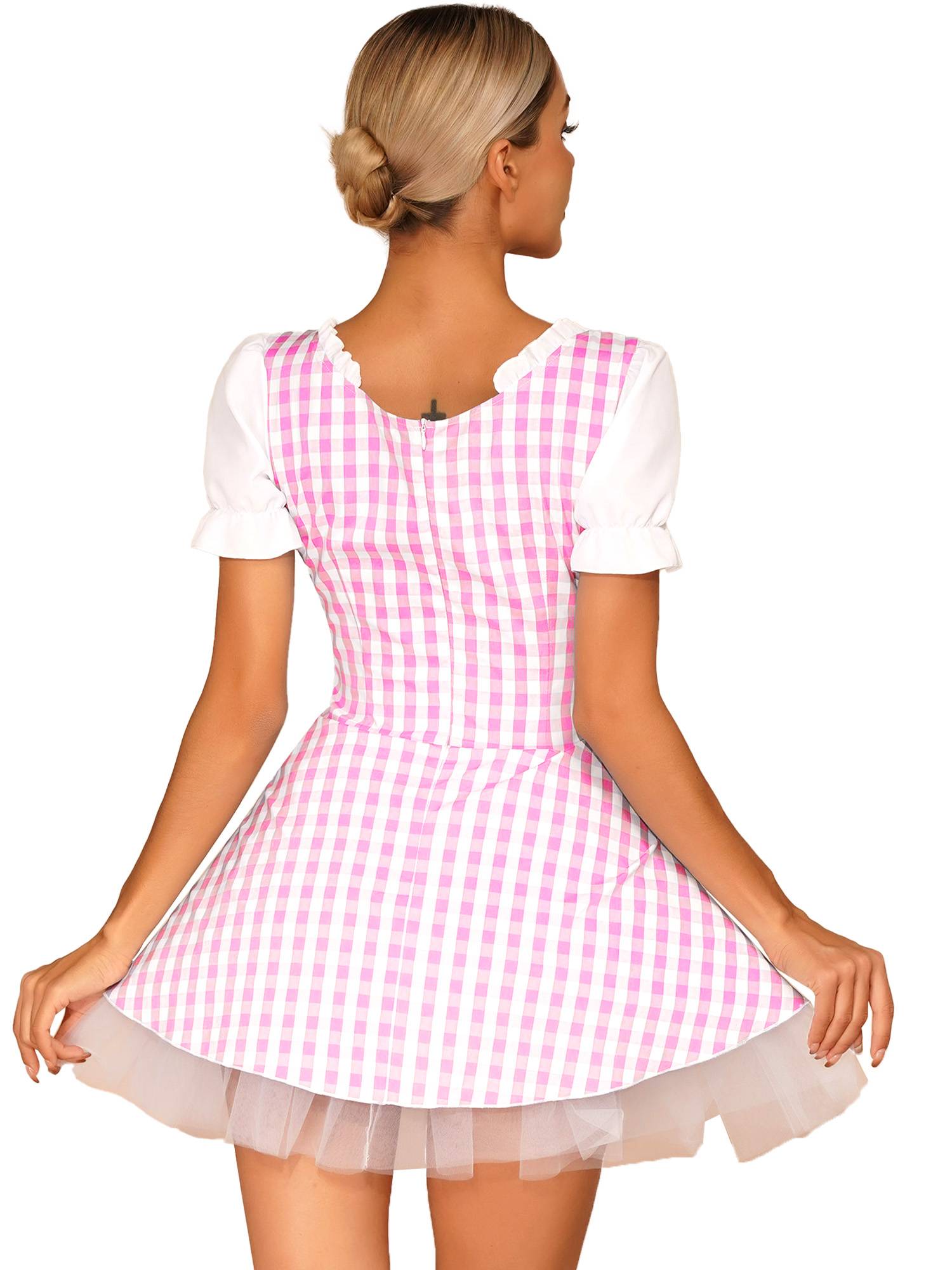 Women Halloween Miss Muffet Lace-Up Ruffle Apron Plaid Maid Dress