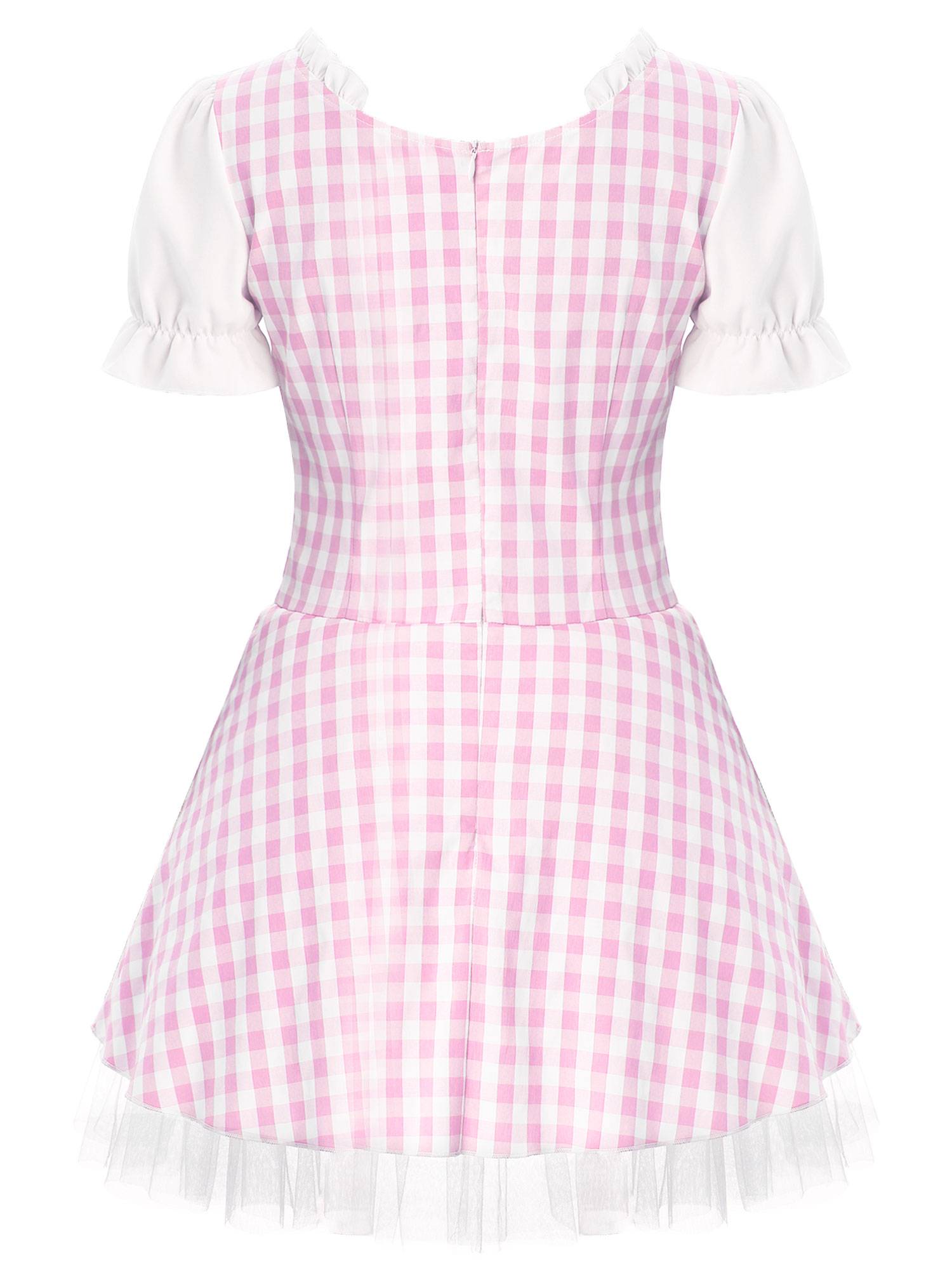 Women Halloween Miss Muffet Lace-Up Ruffle Apron Plaid Maid Dress