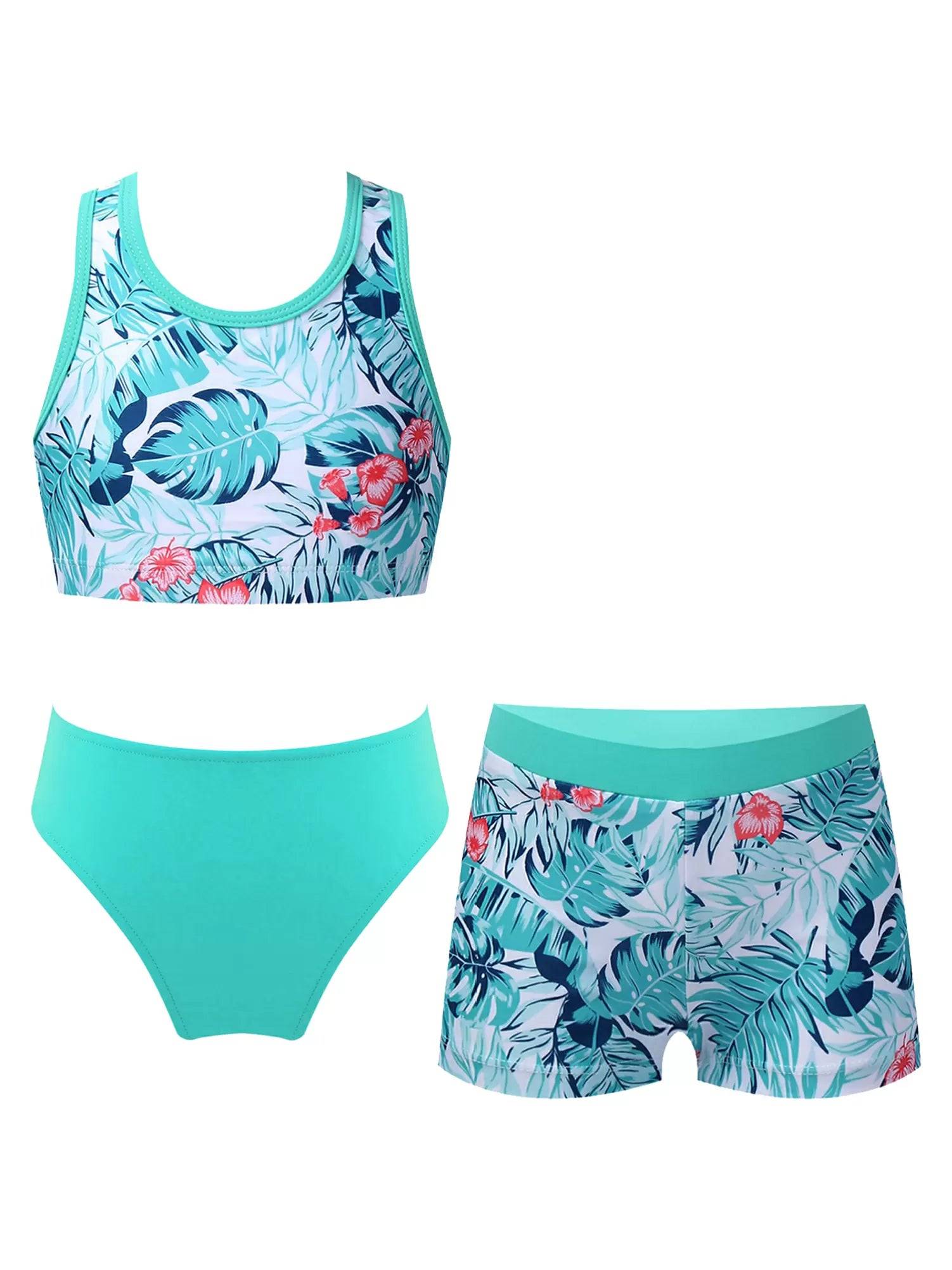 Kids Girls Three Pieces Tropical Print Swim Tankini Sets
