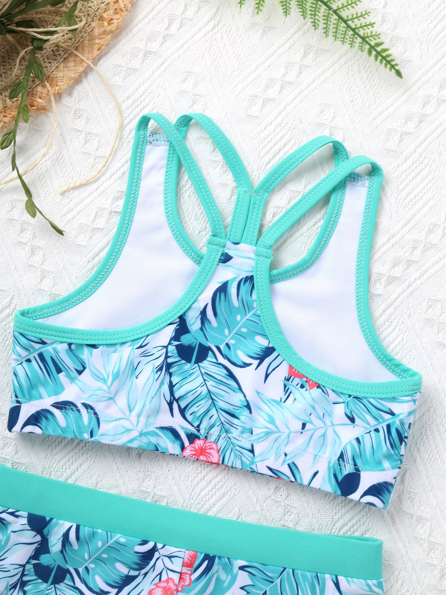 Kids Girls Three Pieces Tropical Print Swim Tankini Sets