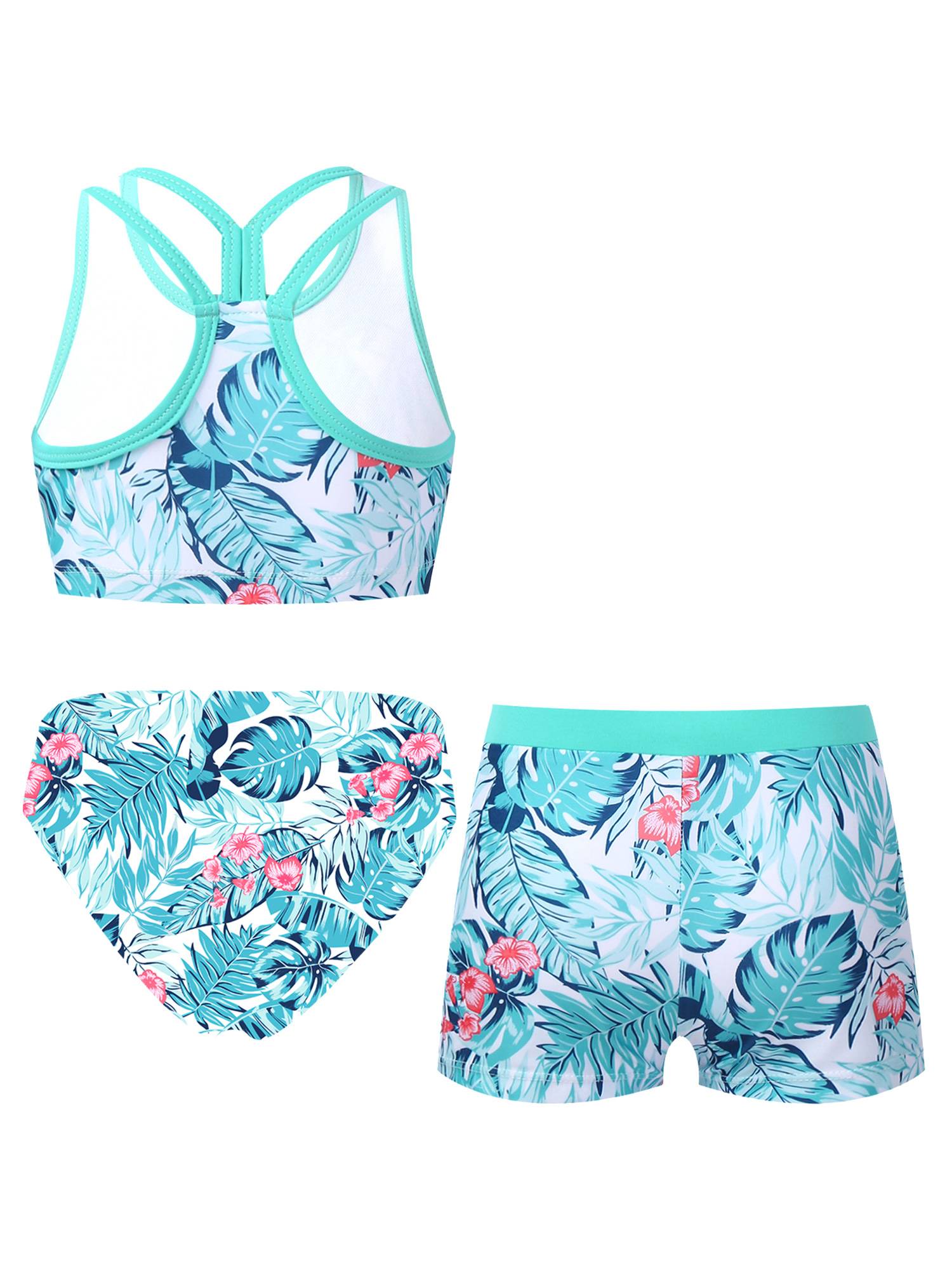 Kids Girls Three Pieces Tropical Print Swim Tankini Sets